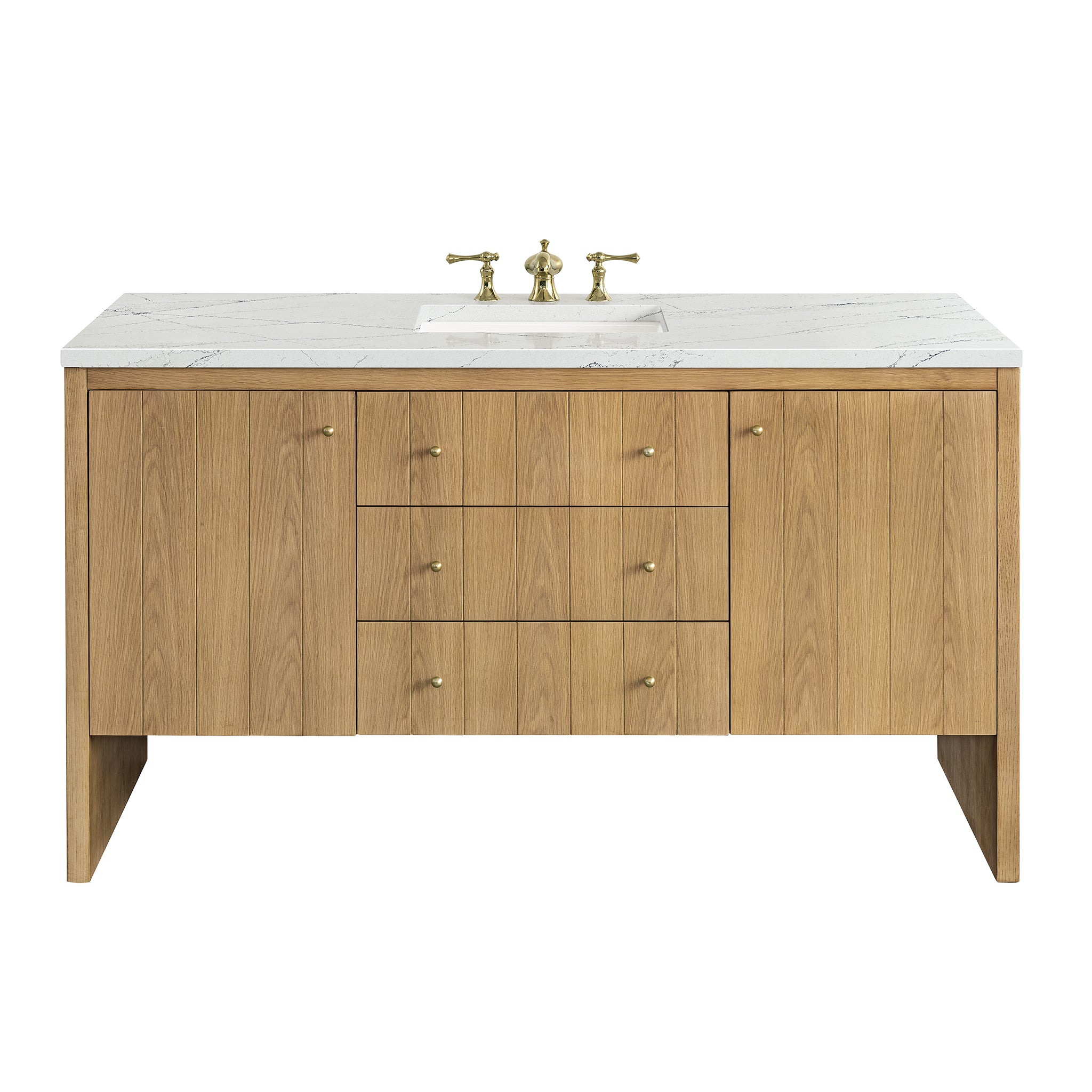 Hudson 60 Inch Single Bathroom Vanity with Light Natural Oak Finish and 3CM Ethereal Noctis Quartz Countertop - Perfect for Modern Master Bathrooms and Powder Rooms