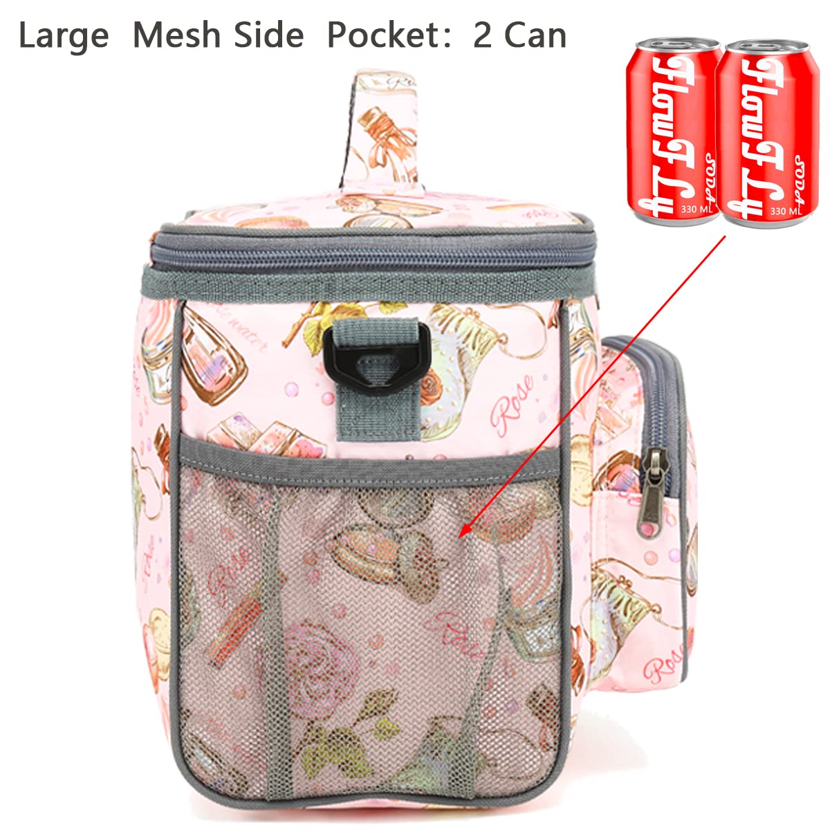 FlowFly Insulated Reusable Lunch Bag for Adults - Large Lunch Box with Adjustable Shoulder Strap, Front Zipper Pocket & Dual Mesh Side Pockets - Perfect for Work, School, Picnics & Travel (Rose)