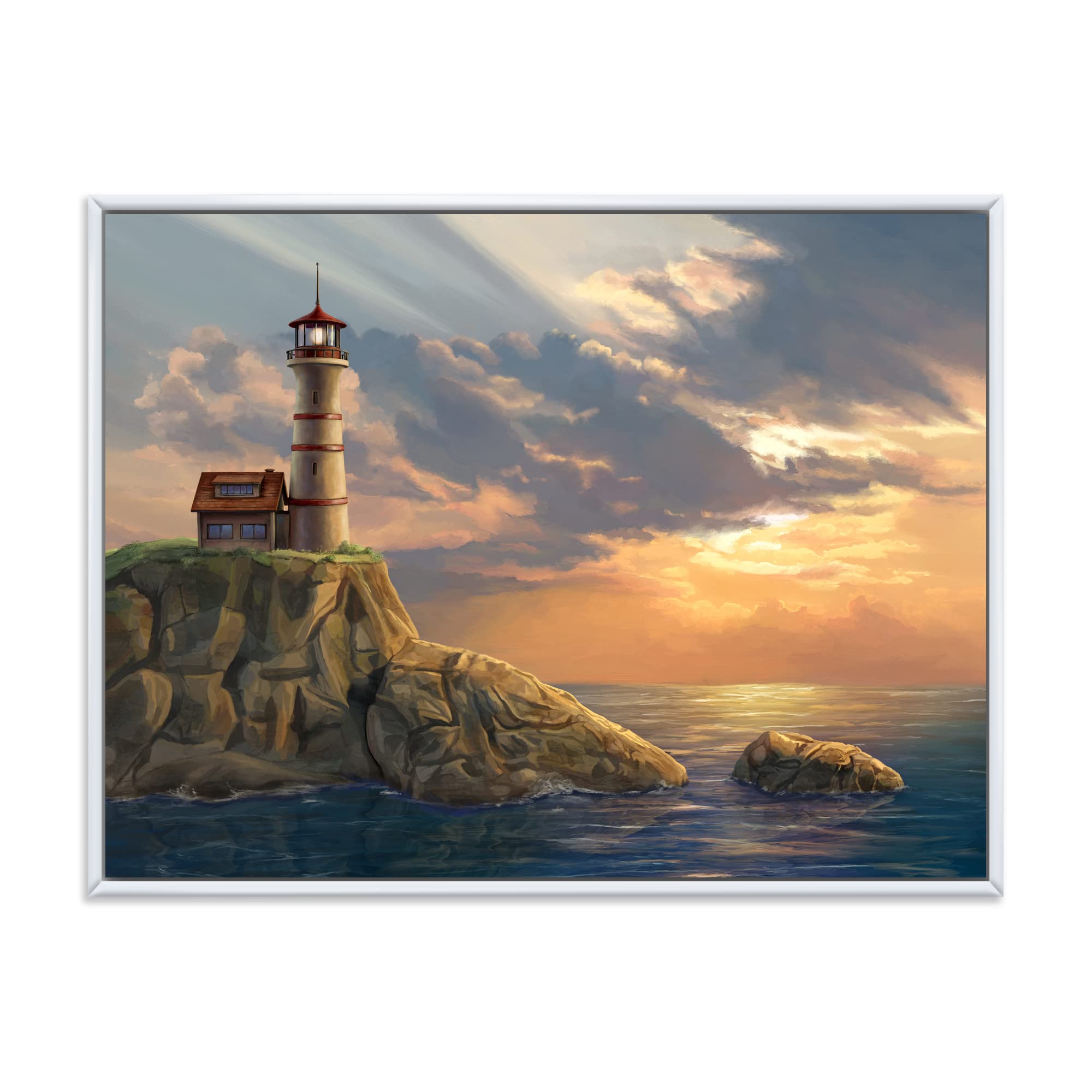 Lighthouse on Rocky Coastal Cliff at Sunset - Nautical Framed Canvas Wall Art Print for Beach House Decor, Coastal Living Room, or Ocean-Themed Bedroom