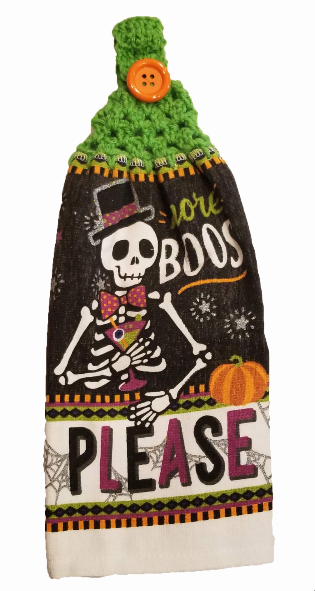 Handmade Spring Green Crochet-Topped 'More Boos Please' Kitchen Towel - Perfect for Farmhouse Decor, Gifts & Cozy Kitchen Essentials