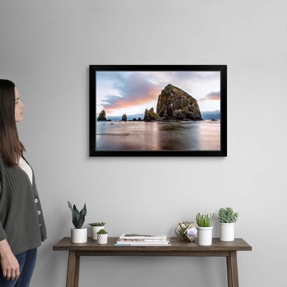 Haystack Rock Cannon Beach Oregon Black Framed Wall Art Print - Coastal Decor for Living Room, Bedroom & Office - Oregon Landscape Artwork