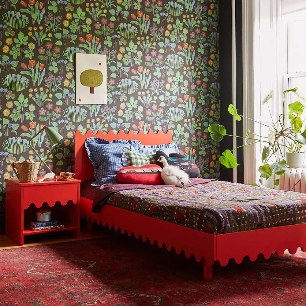 Oeuf Moss Twin Bed Frame in Tomato Red - Modern Kids Bedroom Furniture for Toddlers & Teens - Perfect for Small Spaces & Shared Rooms
