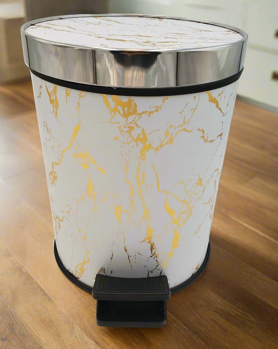 12x9.5 Inch Marble Pedal Trash Can - Hands-Free Foot Operated Waste Bin for Kitchen, Bathroom, Office & Home Decor