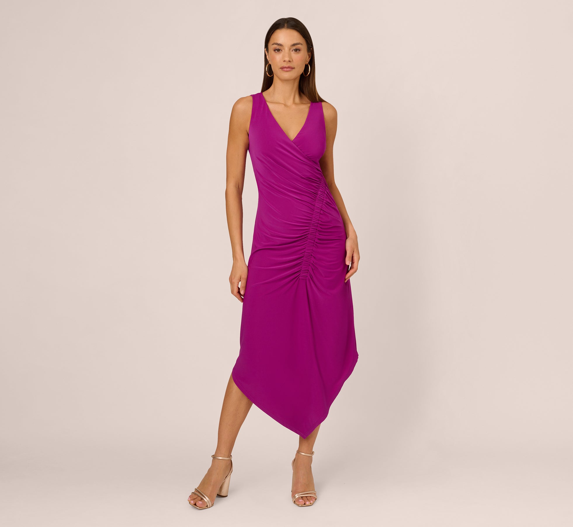 Sleeveless Shirred Jersey Midi Dress with Asymmetrical Hem in Wild Magenta - Flowy Summer Dress for Beach, Vacation & Casual Outings