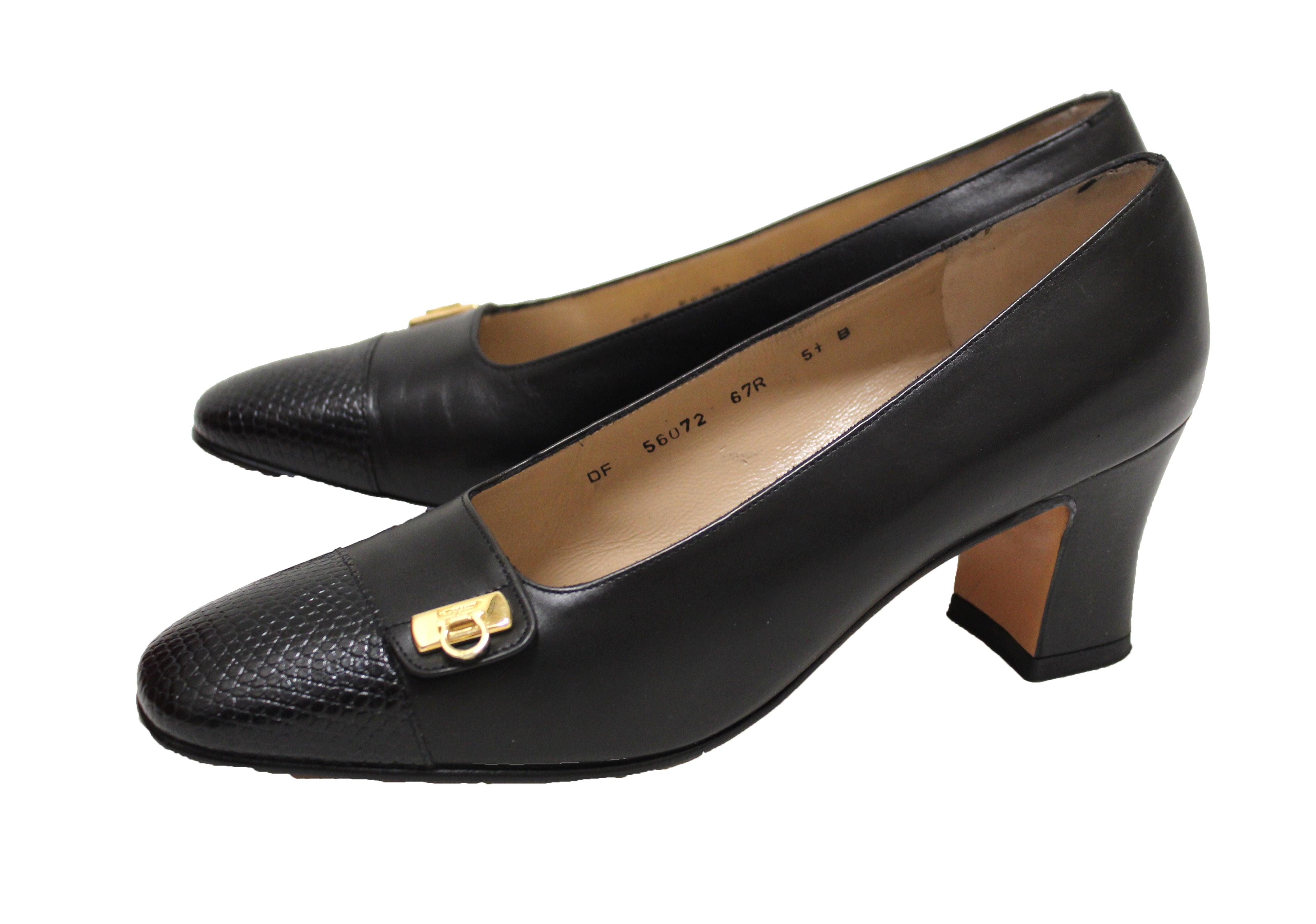 Authentic Salvatore Ferragamo Black Calfskin Leather Pumps with Lizard Trim - Women's Size 5.5B (US) - Elegant Heels for Weddings, Parties & Office Wear