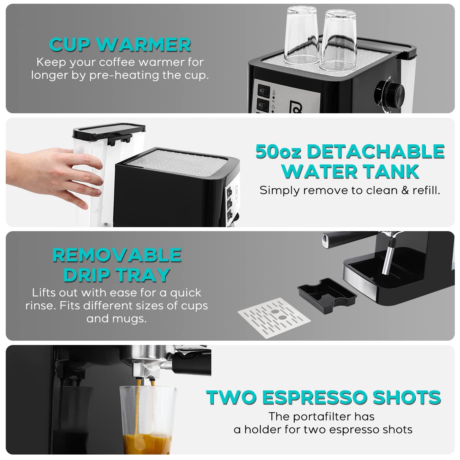 **Casabrews Espresso Coffee Machine with Milk Frother Wand - 15 Bar Pump Pressure, Detachable Water Tank, Professional Barista & Home Use - Perfect for Lattes, Cappuccinos & Cafe-Style Drinks (Black/Silver)**