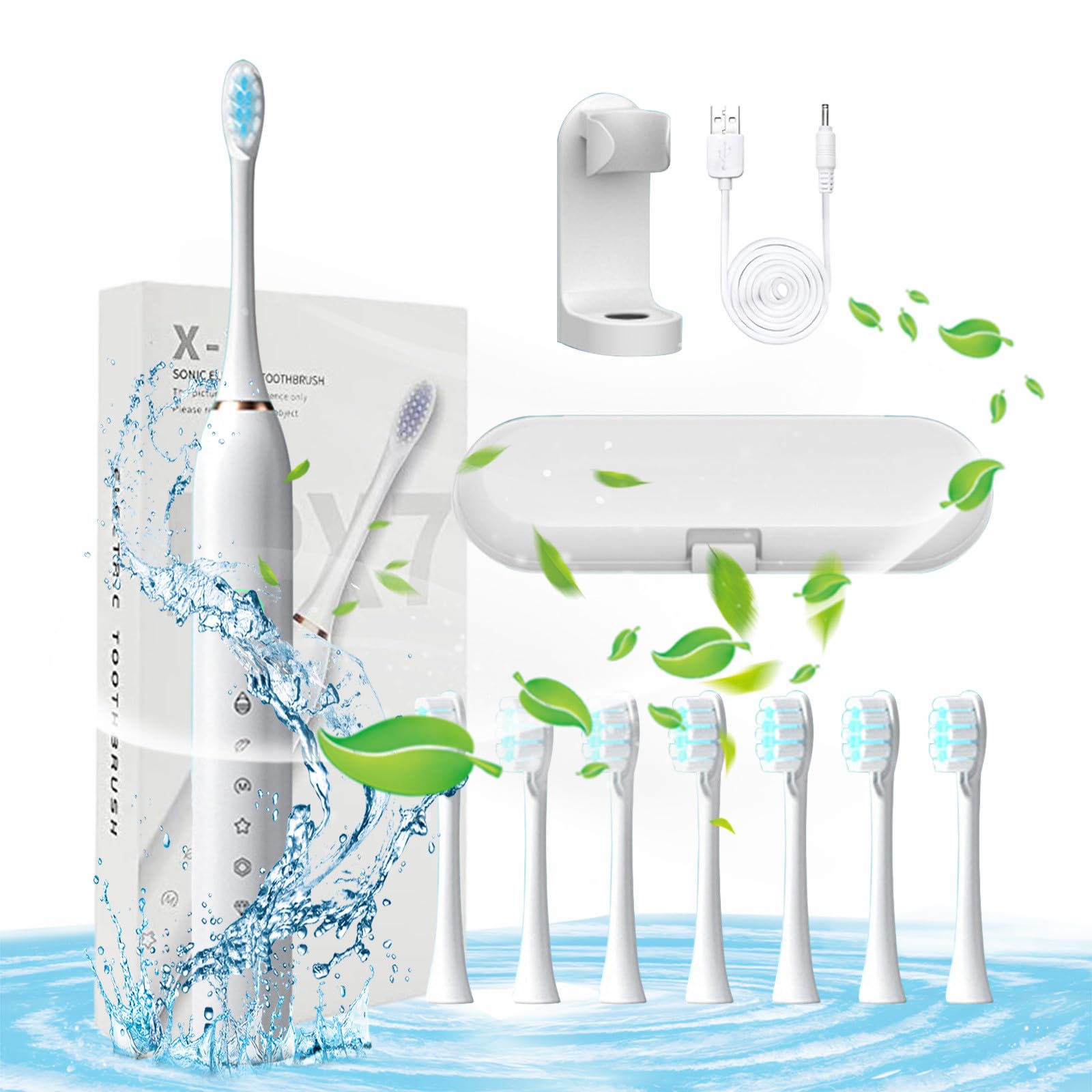 Rechargeable Electric Toothbrush for Adults & Kids - 8 Brush Heads, 6 Cleaning Modes, USB Charging, 2-Minute Timer, 45-Day Battery Life (White) - Perfect for Travel, Home & Family Oral Care