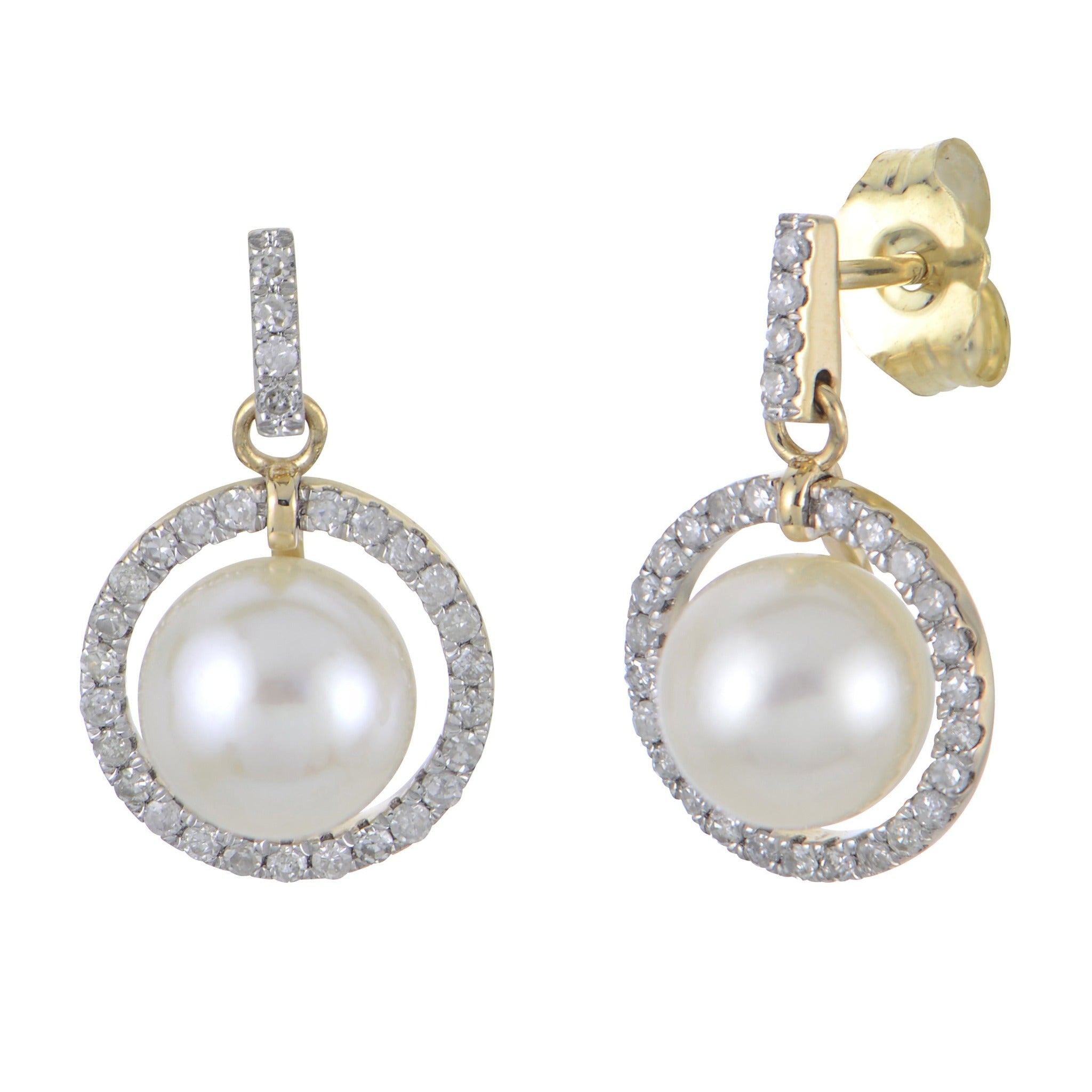 14K Yellow Gold Freshwater Pearl & Diamond Drop Earrings for Women – Elegant Dangling Jewelry for Weddings, Parties & Special Occasions