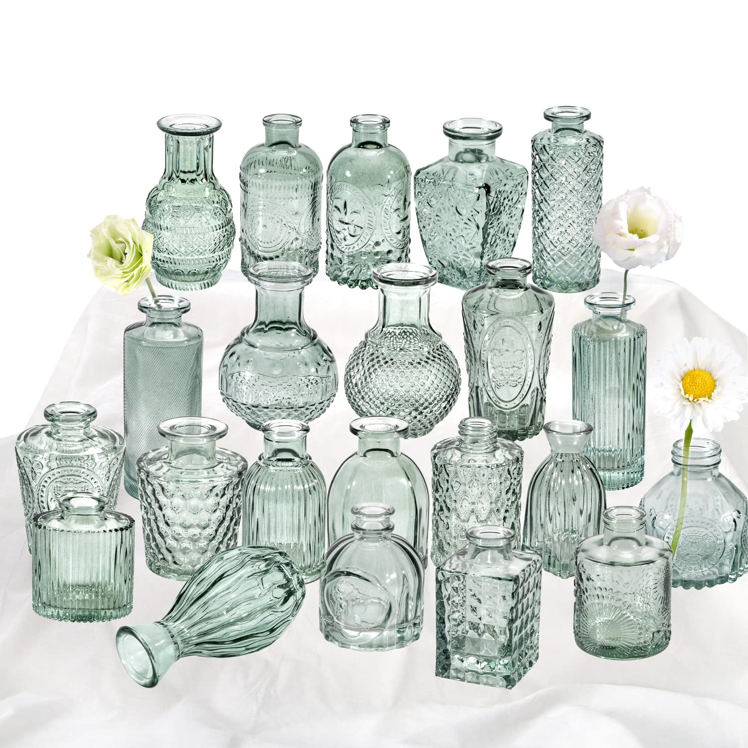 Green Glass Bud Vase Set of 22 - Small Clear Glass Flower Vases for Wedding Centerpieces, Rustic Home Decor, Vintage Table Arrangements | Perfect for Wedding Decorations, Dining Table Centerpieces, and Farmhouse Style Home Decor