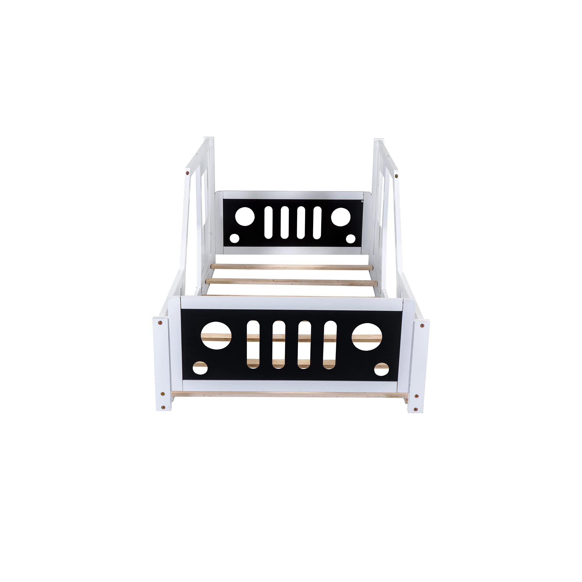 Montessori Twin Size Car-Shaped Floor Bed Frame with Safety Fence & Door - Solid Wood Platform Bed with Wheels for Kids Boys Girls - No Box Spring Needed - Perfect for Playrooms & Kids' Bedrooms (White)