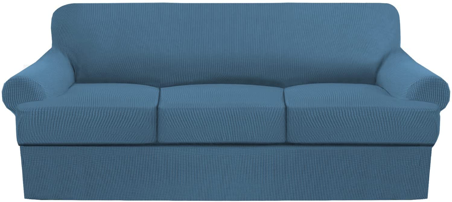 Stretch Sofa Cover Slipcover - Soft Jacquard Knitted Furniture Protector with Non-Slip Design & 3 T-Cushion Covers for Couch, Sofa Bed - Perfect for Living Room, Home Decor (Blue)
