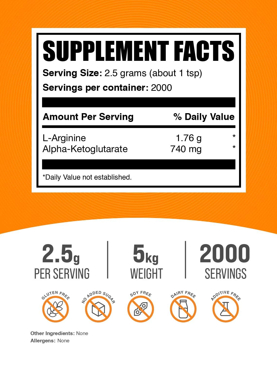 BulkSupplements.com AAKG Powder - Pure Arginine Alpha-Ketoglutarate (AAKG) Nitric Oxide Booster for Muscle Growth & Performance - Unflavored, Gluten Free, 2.5g per Serving, 1kg (Pack of 5) - Ideal for Pre-Workout, Bodybuilding & Cardiovascular Health Support