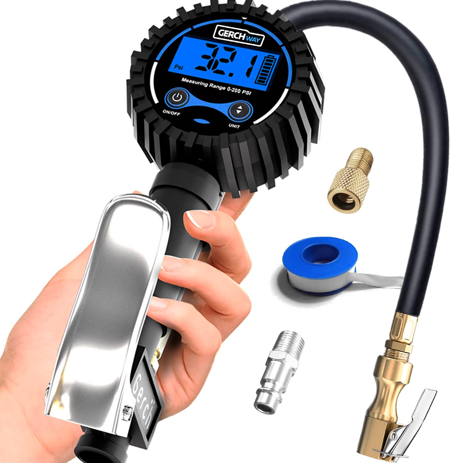 Digital Tire Inflator with Pressure Gauge - 200PSI Heavy Duty Air Compressor Pump with Extra Long Hose for Cars, Trucks, Bikes & Motorcycles - Perfect for Road Trips, Garage Use & Emergency Tire Inflation