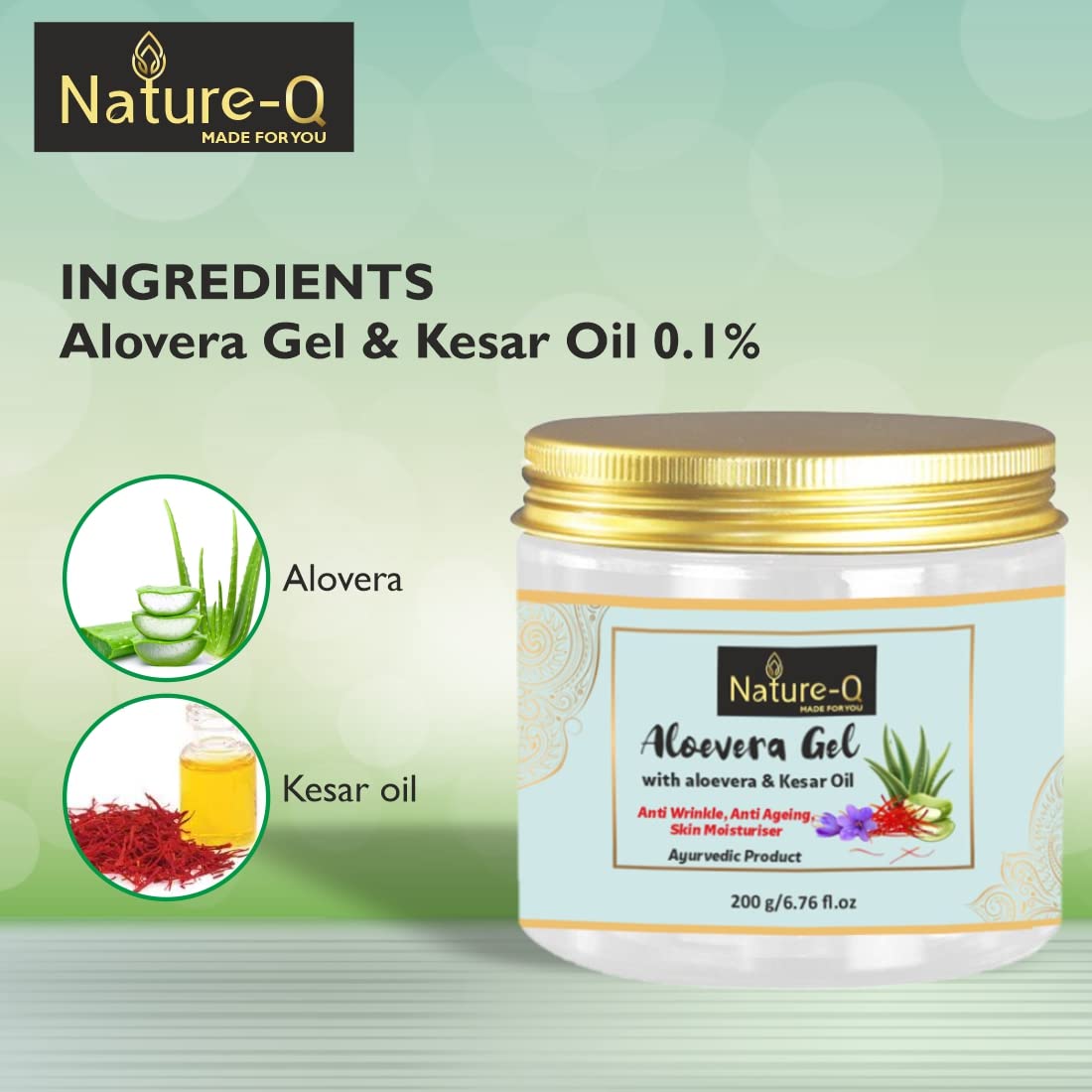 Nature Q Pure Aloe Vera Gel 200g with Aloe Vera & Saffron Oil for Face & Hair – Hydrating, Moisturizing, Soothing Skin Care (Paraben Free) | Perfect for Sunburn Relief, Dry Skin Treatment & Hair Conditioning