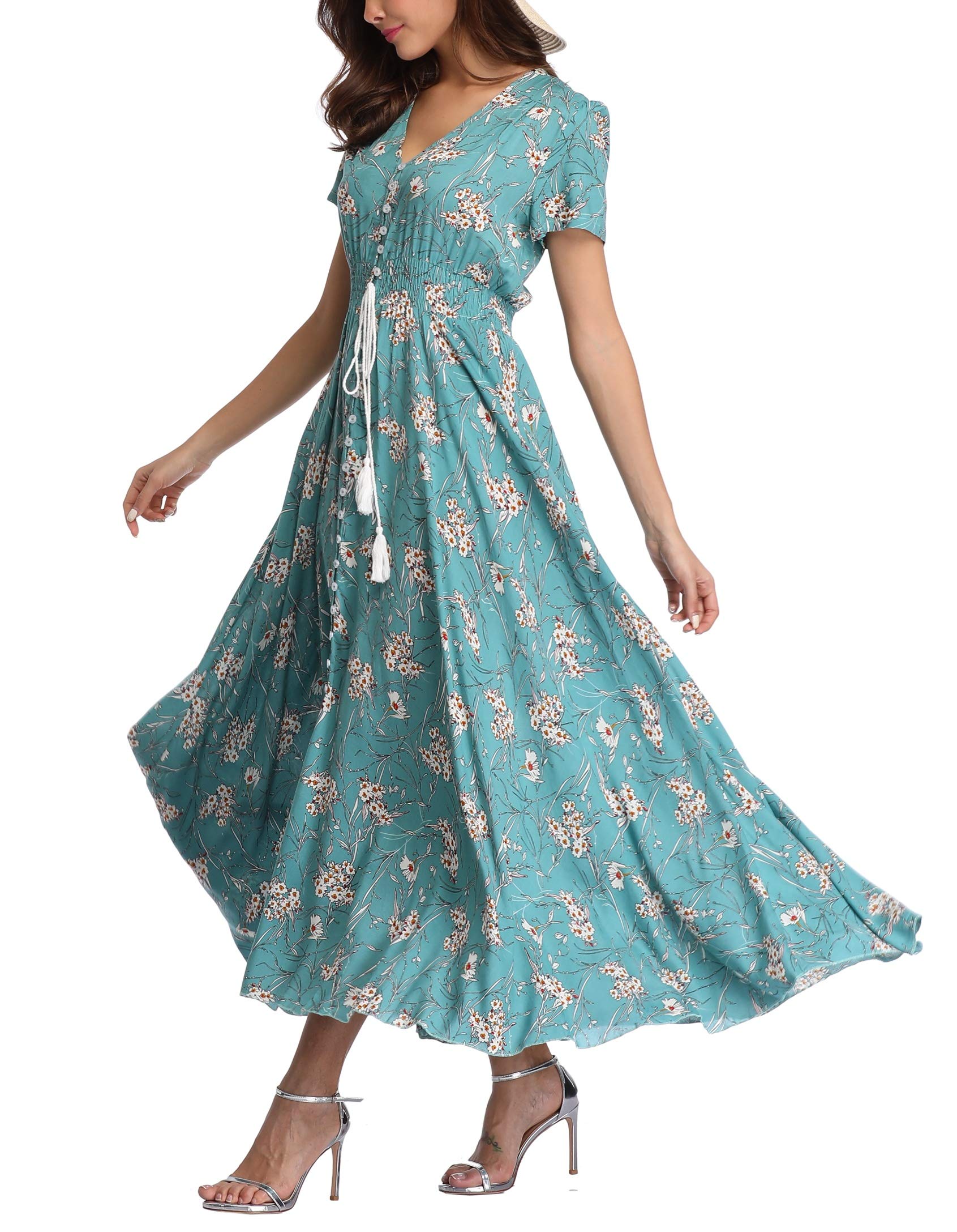 Women's Floral Maxi Dress - Casual Long Summer Boho Beach Dress with Short Sleeve & Button Up Split - Perfect for Beach Vacations, Music Festivals & Summer Parties