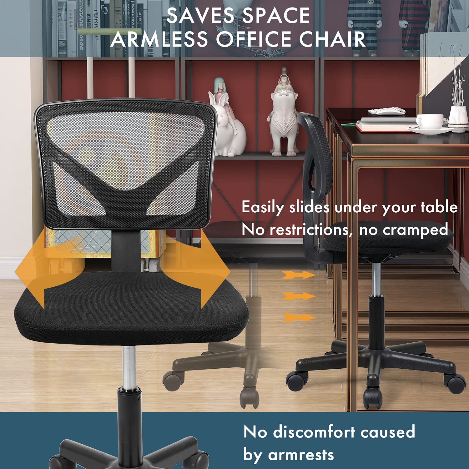 Yangming Armless Mesh Office Chair - Adjustable Swivel Task Chair with Mid Back Support, Black Computer Desk Chair for Small Spaces | Perfect for Home Office, Study & Workspace