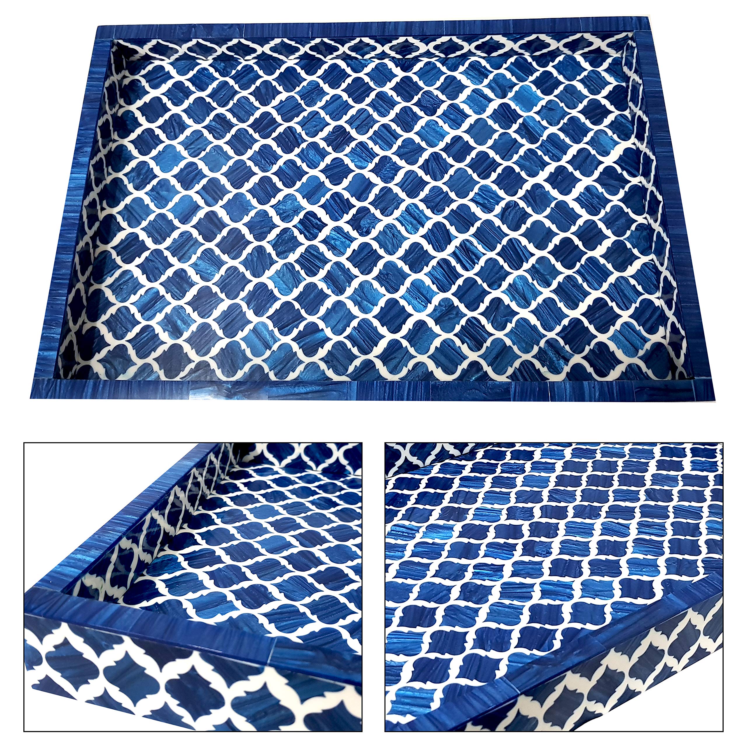Handcrafted Blue & White Moorish Moroccan Bone Inlay Serving Tray - Multipurpose Decorative Tray for Breakfast, Tea, Coffee & Snacks - Perfect for Home Decor, Dining, and Gift Giving