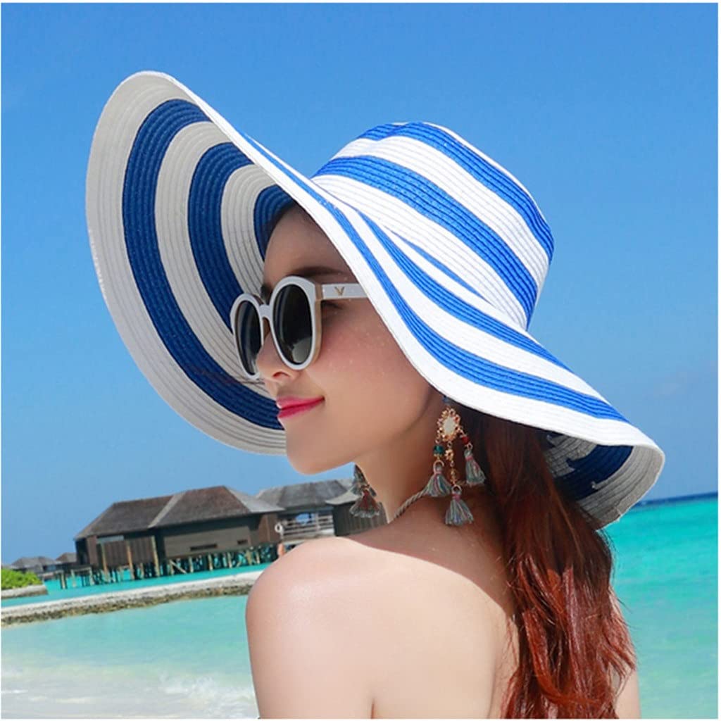 POUBREWD Women's Summer Stripe Straw Hat - Wide Brim UV Protection Foldable Beach Sun Hat for Outdoor, Travel & Gardening (55-58cm, Color A)