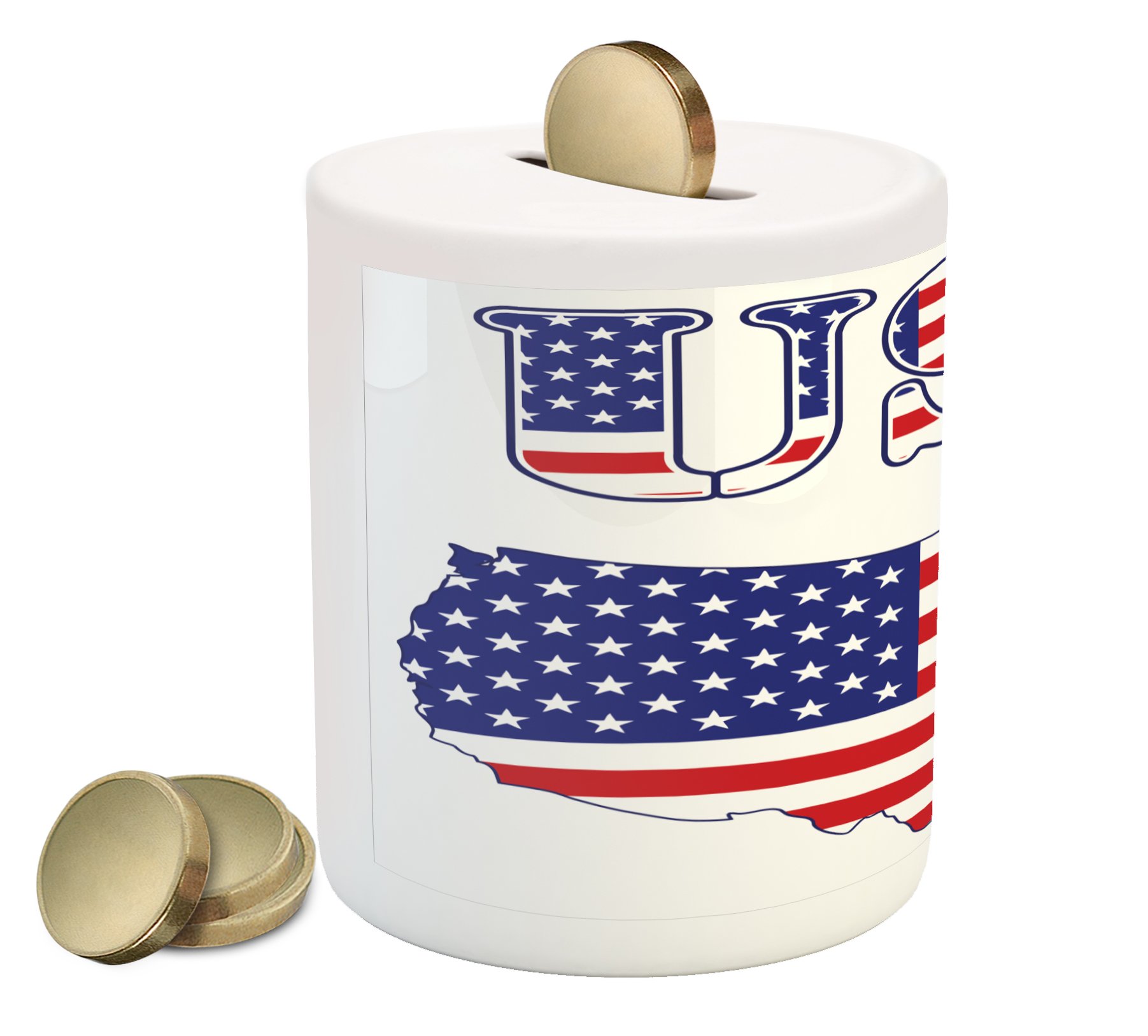 Lunarable Americana Piggy Bank - USA Map Flag with Stars & Stripes National History Design, Printed Ceramic Coin Bank for Cash Savings (Red, White, Blue) | Perfect for Patriotic Home Decor, Kids' Savings & American History Enthusiasts
