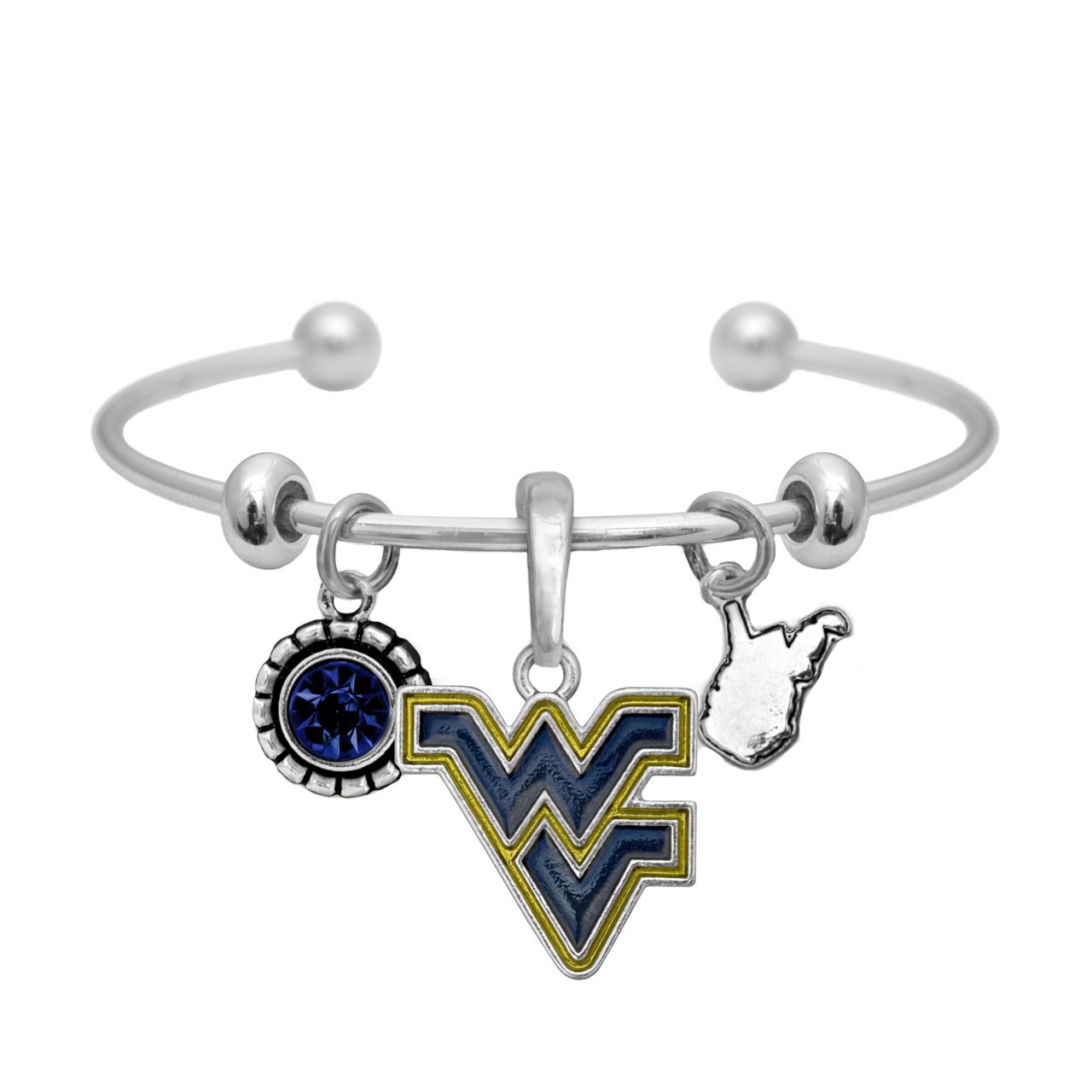 WVU West Virginia Silver Crystal Cuff Bracelet - Elegant Sports Accessory for Women, Perfect for Game Day & Special Occasions