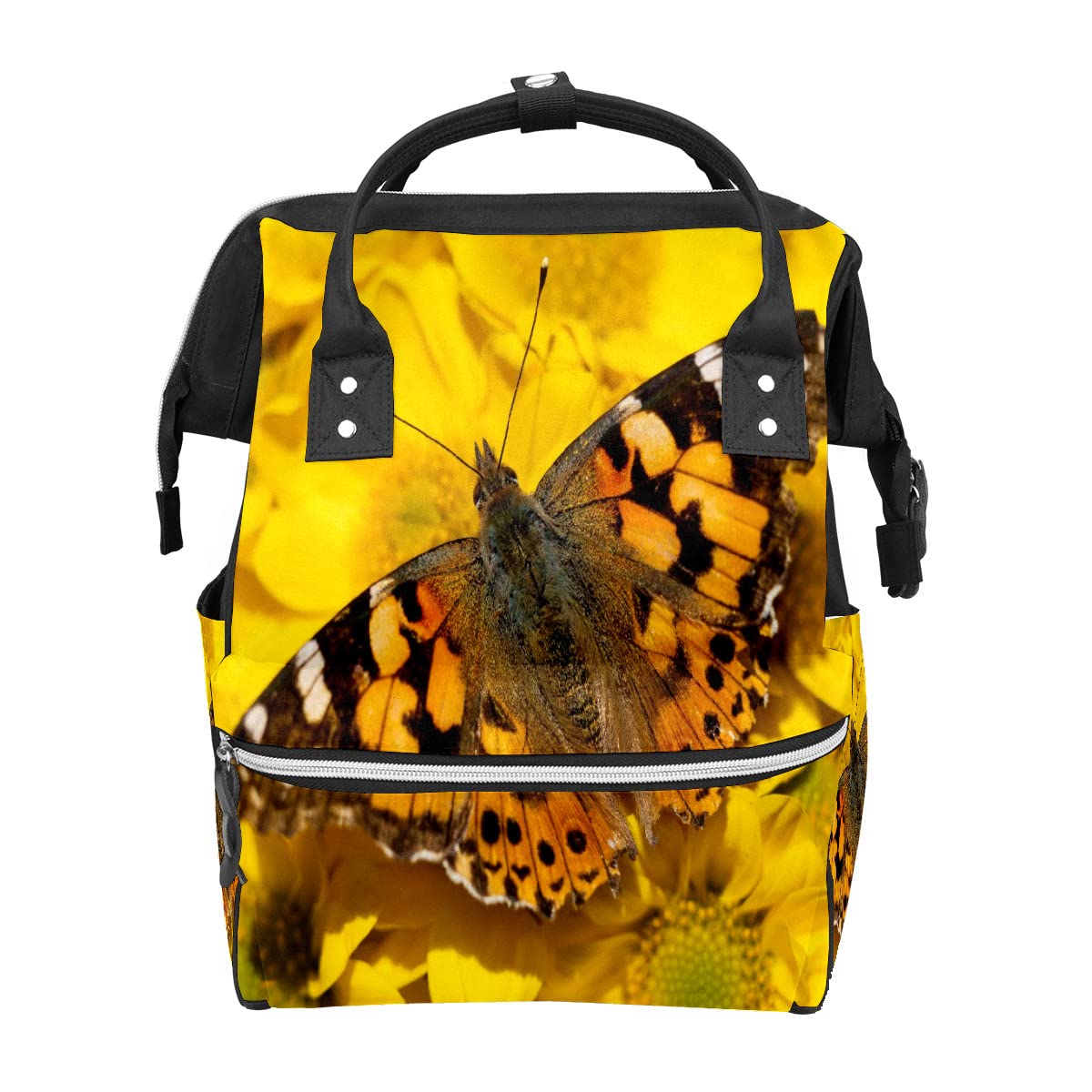 **Large Baby Diaper Backpack - Waterproof Travel Backpack with Multiple Pockets for Moms & Dads - Yellow Floral Butterfly Design - Perfect for Daycare, Outings & Travel**