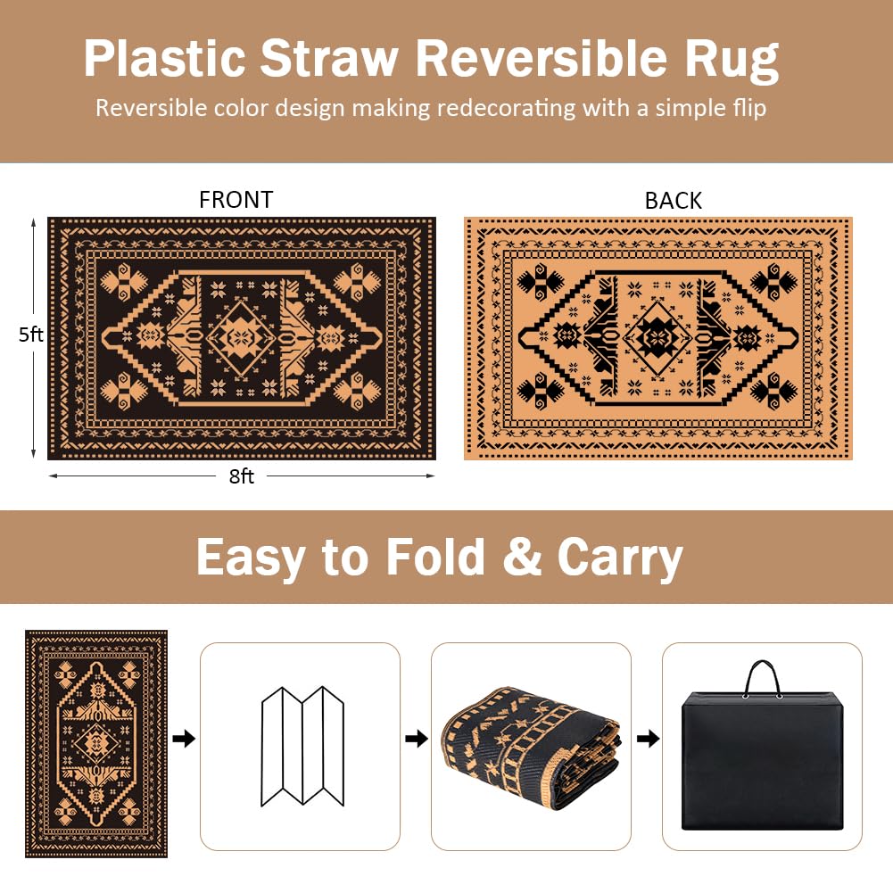 LILIOFFIC 5'x8' Waterproof Reversible Indoor Outdoor Rug - Durable Plastic Straw Mat for Patio, Deck, RV, Camping, Picnic & Beach | Portable & Easy to Clean | Perfect for Outdoor Entertaining & Relaxation