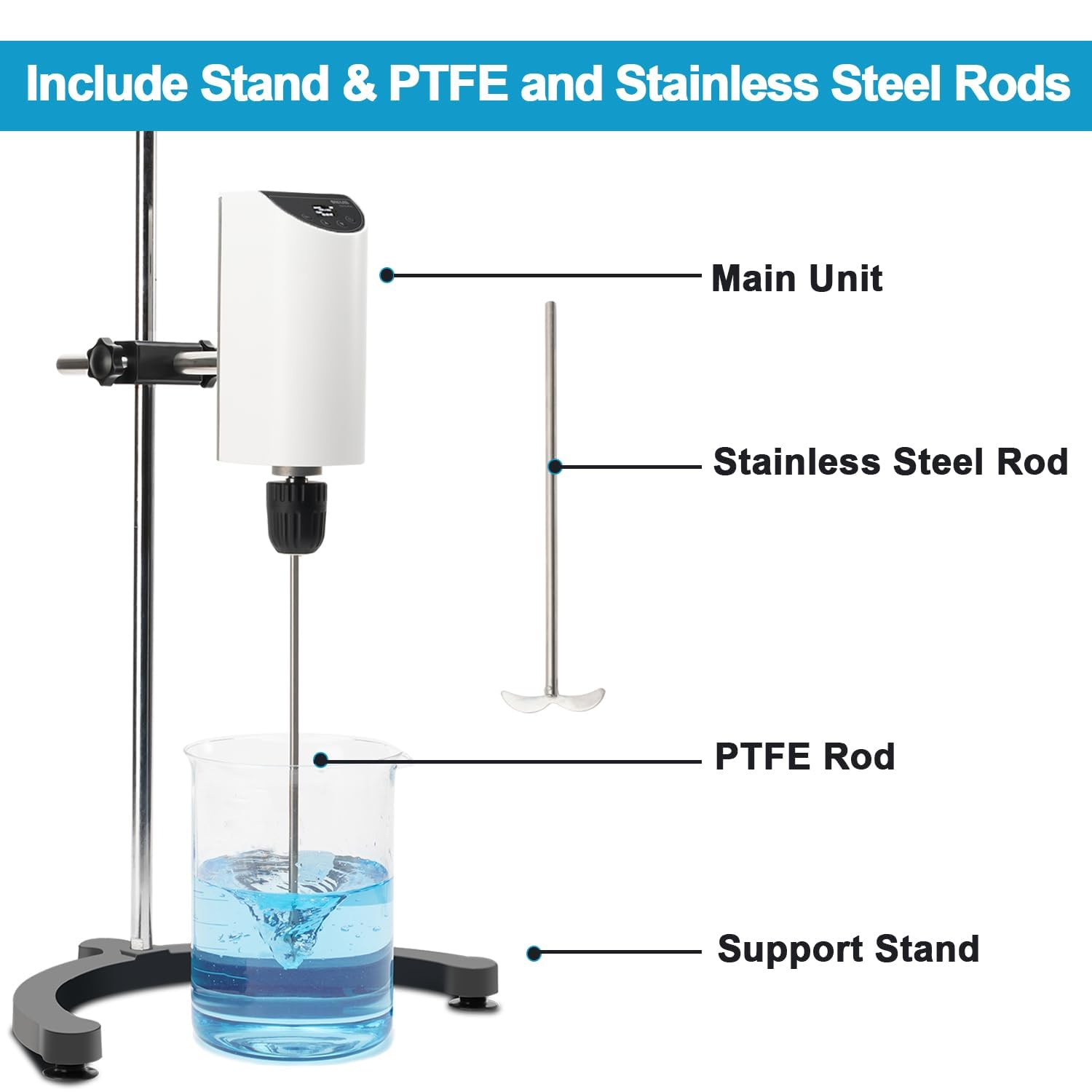 ONiLAB Digital Overhead Stirrer with OLED Display - 10L Capacity, 200-2500 RPM, Max Viscosity 10000mPa·s - Lab Mixer with Support Stand & 2 Stirring Rods - Perfect for Chemical Mixing, Pharmaceutical Research & Laboratory Experiments