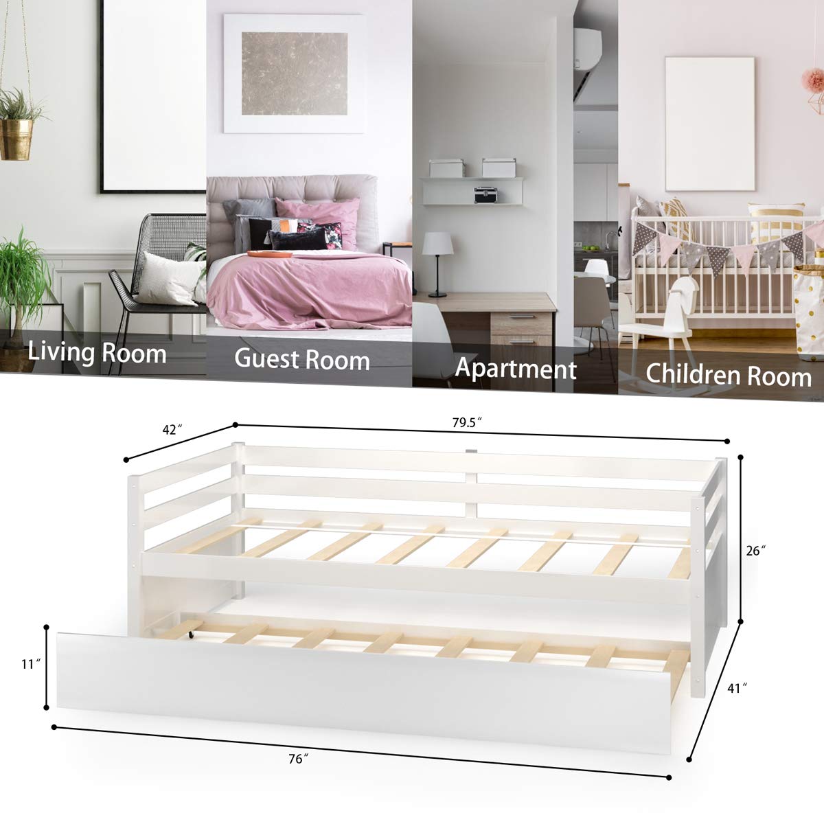 KOMFOTT Twin Size Wooden Daybed Frame with Trundle - No Box Spring Needed, Convertible Sofa Bed for Living Room, Guest Room & Kids Bedroom | Space-Saving Sleep Solution for Small Spaces & Overnight Guests