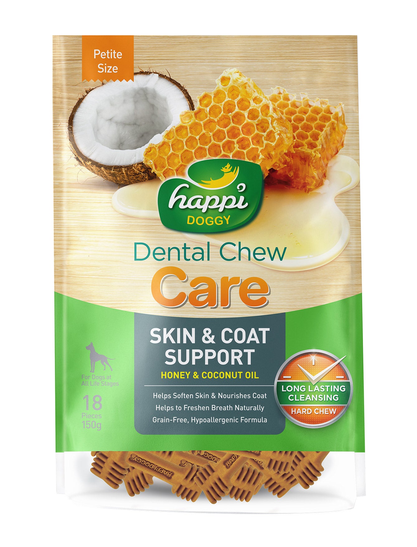 Happi Doggy Dental Chew Treats for Dogs - Honey & Coconut Oil Flavor - Skin & Coat Support - 150g (2 Size Options) - Perfect for Teeth Cleaning and Healthy Coat Maintenance