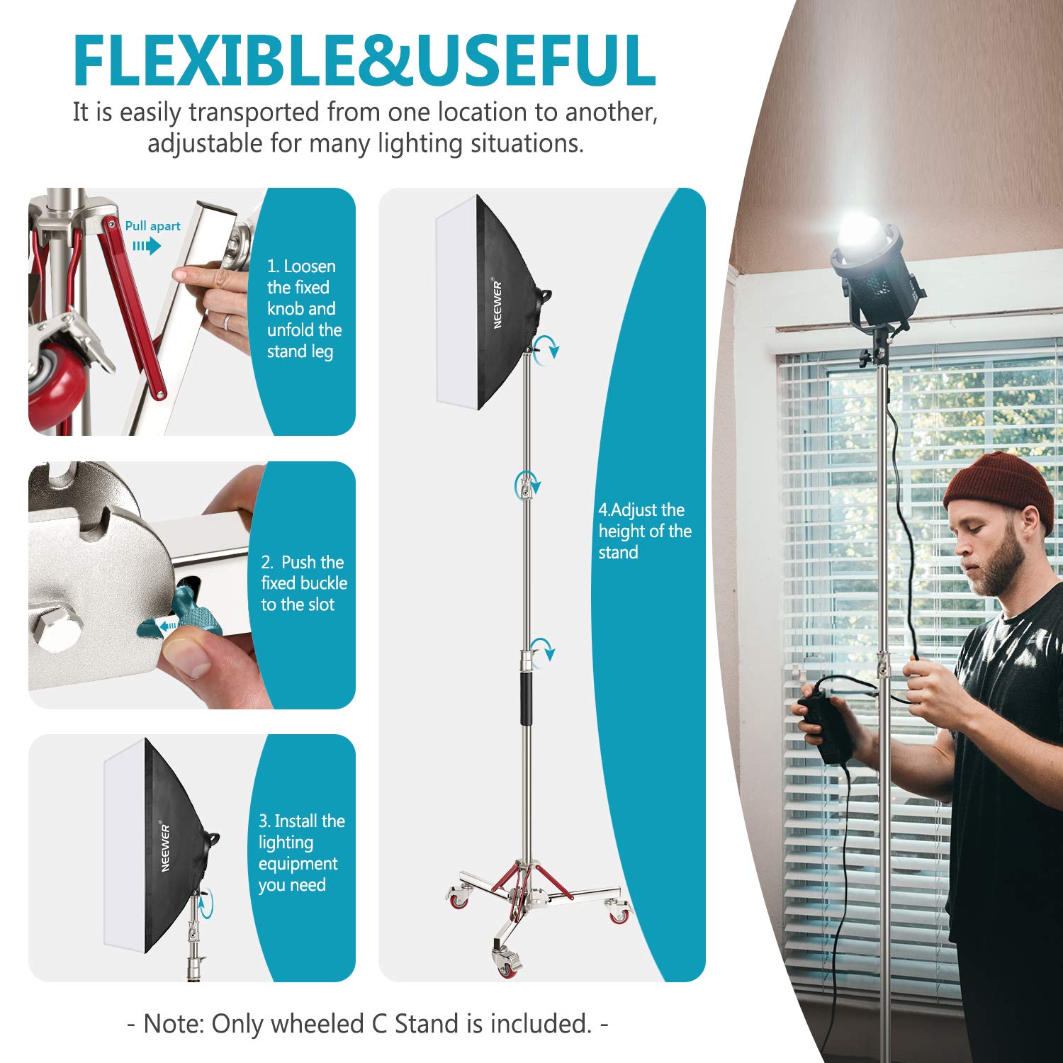 Neewer Heavy Duty Adjustable Light Stand with Wheels - 10ft/305cm Stainless Steel Photography Tripod for Studio Softbox, Monolight, Reflector - Perfect for Photography Studios, Video Production & Live Streaming