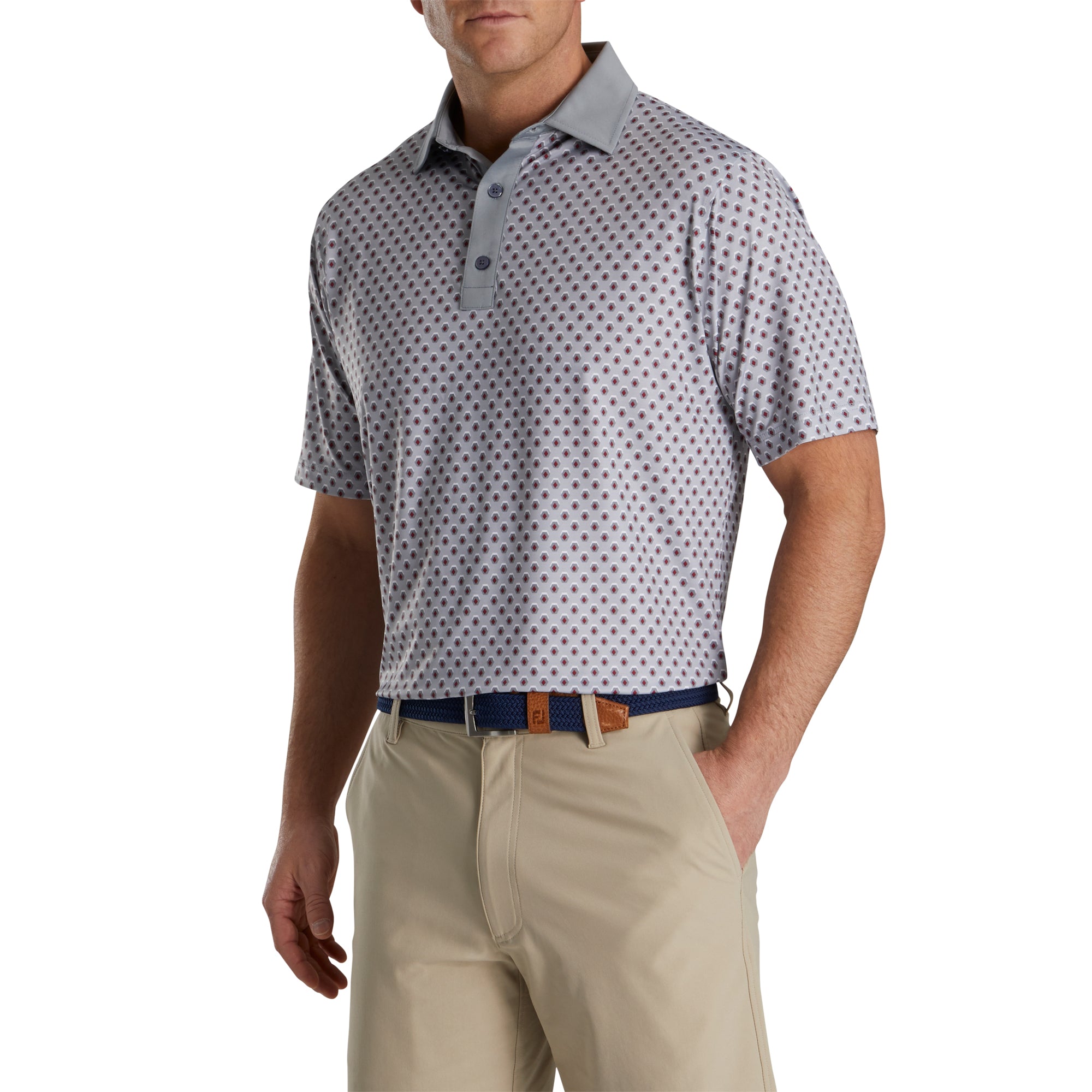 FootJoy Men's Geometric Print Lisle Grey Golf Polo Shirt - Moisture-Wicking Performance Top for Golf & Casual Wear
