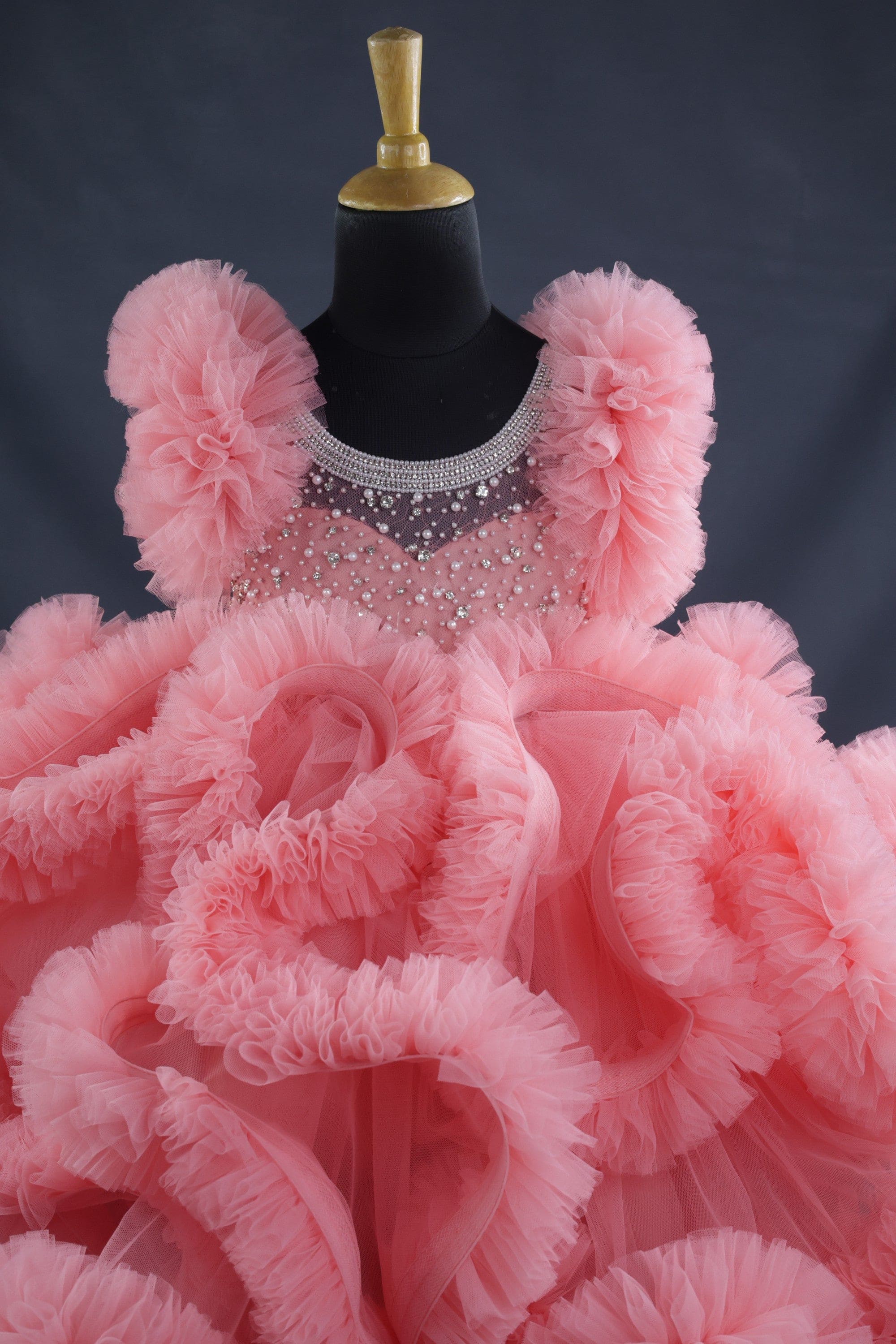 Pre Order: Elegant Peach Netted Frilled Fluffy Gown with White Crystal and Beads Work - Perfect for Bridal Showers, Evening Galas, and Special Occasions