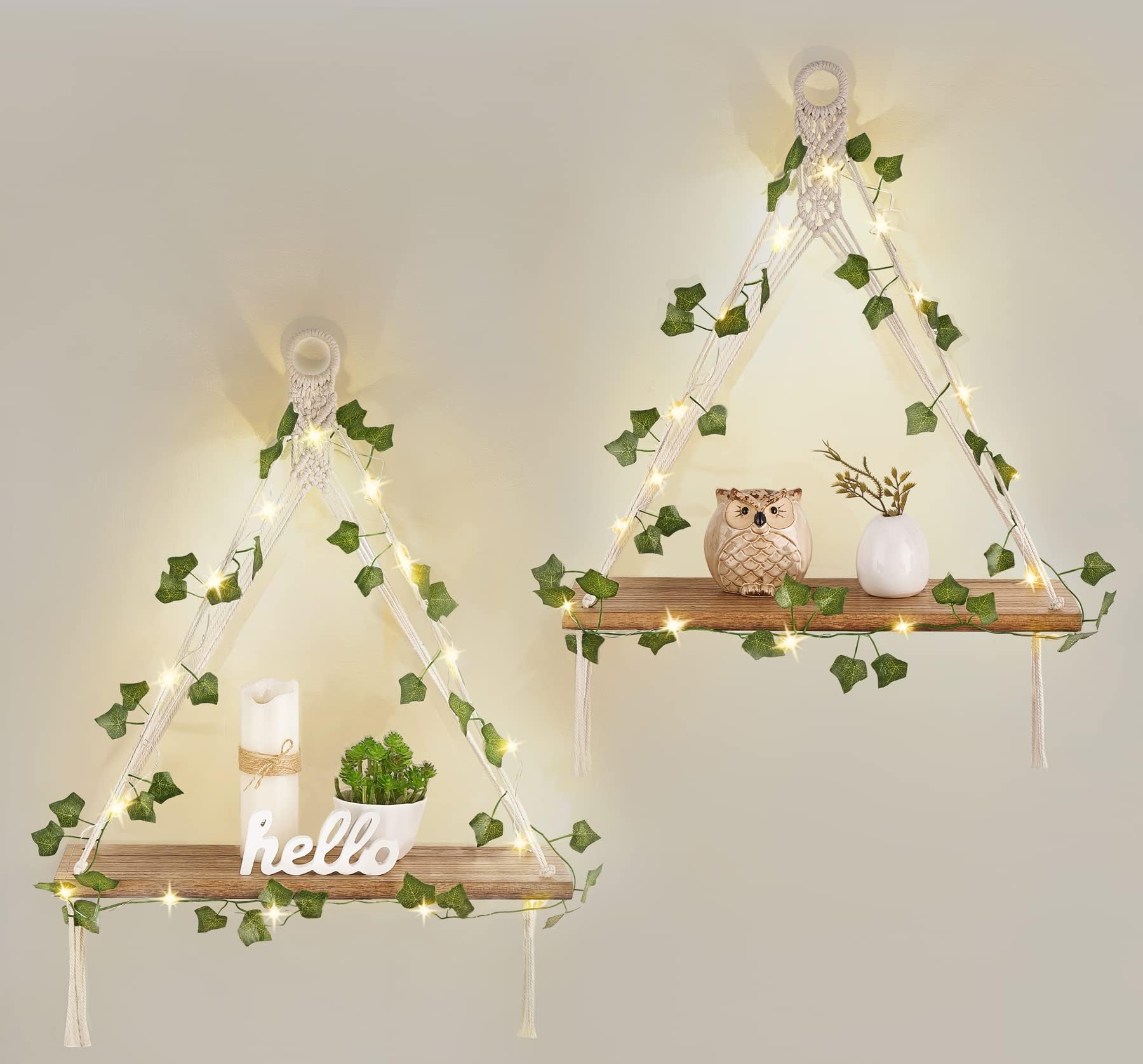 Mkono Artificial Ivy Macrame Hanging Shelves with LED Lights - Set of 2 Boho Wall Decor for Plants, Photos & Storage | Floating Wood Shelves for Bedroom, Bathroom, Living Room, Nursery, Dorm & Kitchen - White | Perfect for Small Space Organization & Cozy Home Decor