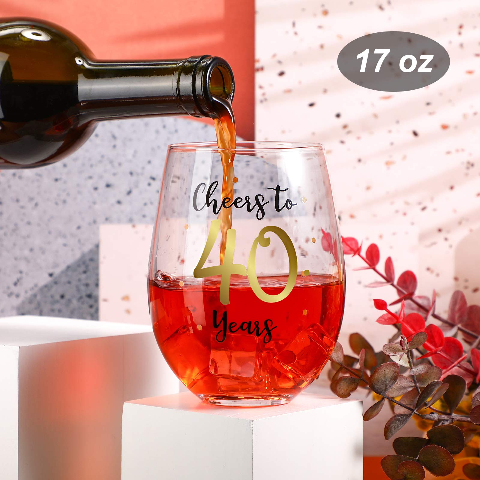 Patelai 40th Birthday Gift for Men & Women - 17 oz Stemless Wine Glass with Gold 'Cheers to 40 Years' Design - Perfect for 40th Anniversary, Birthday Celebrations, Wedding Parties, Home Decor & Office Gifts