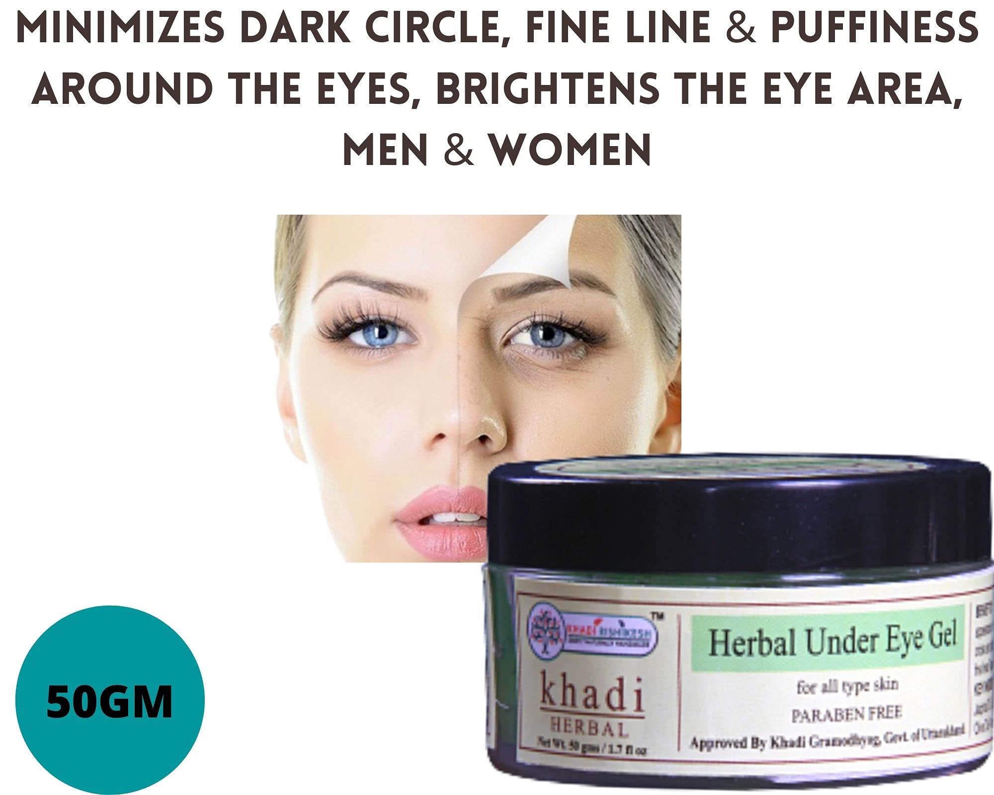 KHADI RISHIKESH Herbal Under Eye Gel for Dark Circles - Brightening & Glowing Eye Cream for Women & Men, SLS & Paraben Free (50g) with Free Keychain | Reduce Puffiness & Dark Circles for Fresh, Youthful Look | Perfect for Daily Skincare Routine & Travel