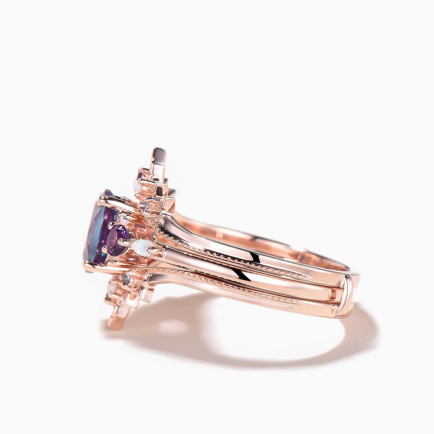 Oval Cut Color Changing Alexandrite Amethyst Ring with Opal Crown Enhancer - Bridal Wedding Set for Engagement, Anniversary & Special Occasions