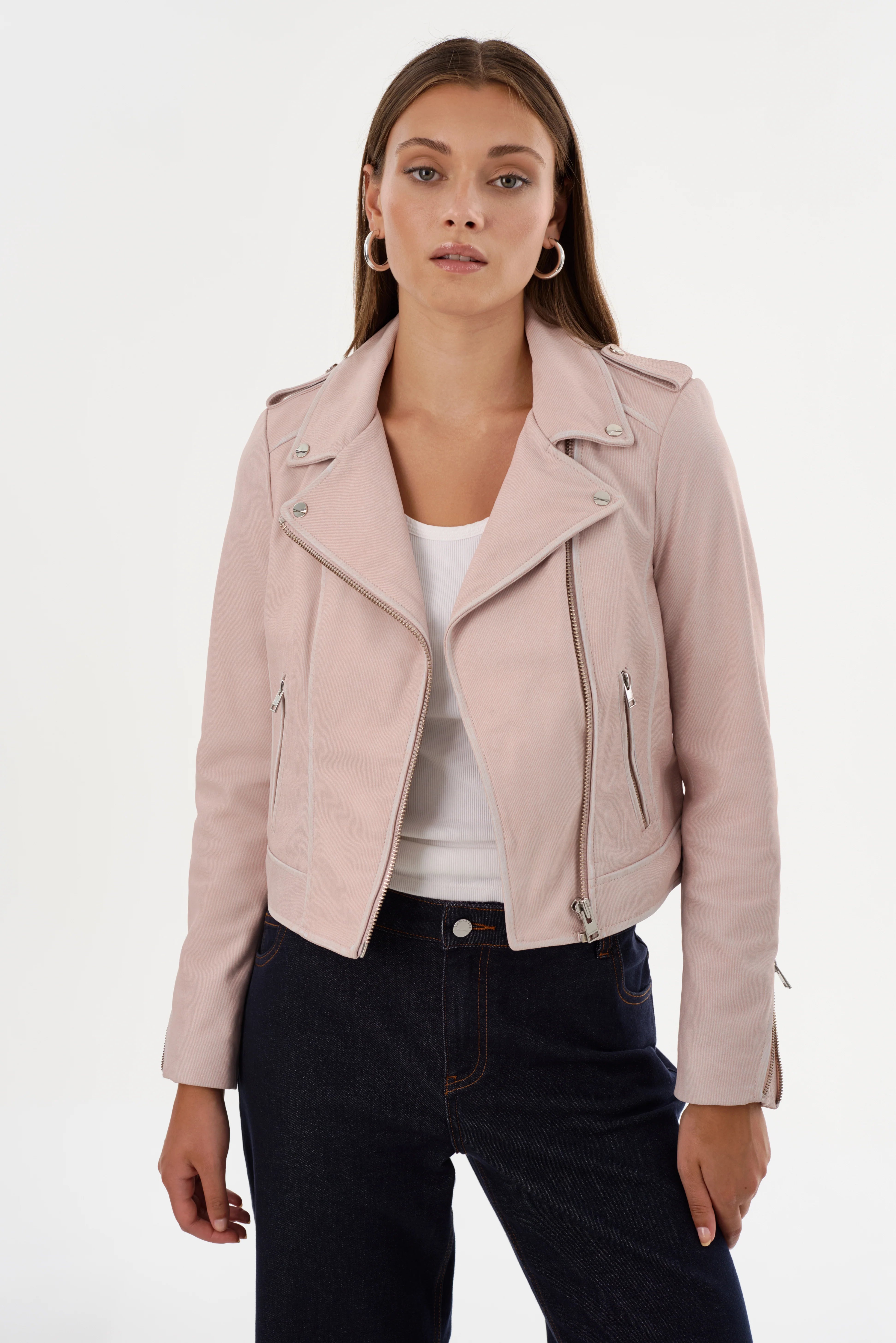 Women's Pink Denim Leather Biker Jacket - Stylish Motorcycle Jacket for Riding & Fashion | Perfect for Casual Outfits & Night Out