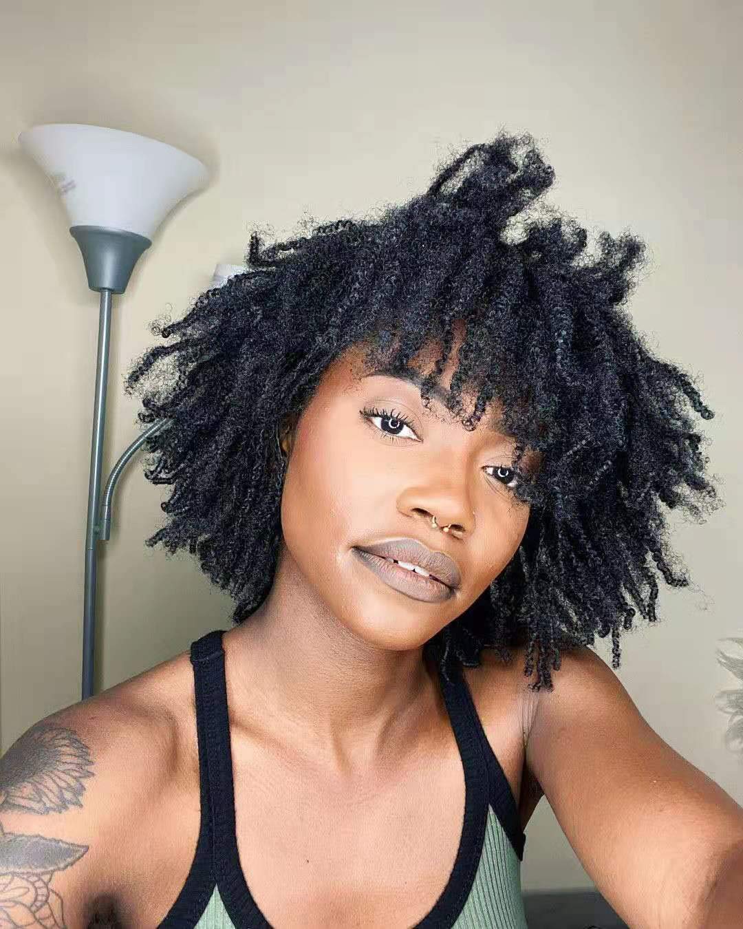 Kinky Curly Glueless Lace Front Human Hair Wig with Bangs - 3C 4A Coily Brazilian Remy Hair - 150% Density Full Machine Made - Perfect for Daily Wear, Cosplay & Special Occasions