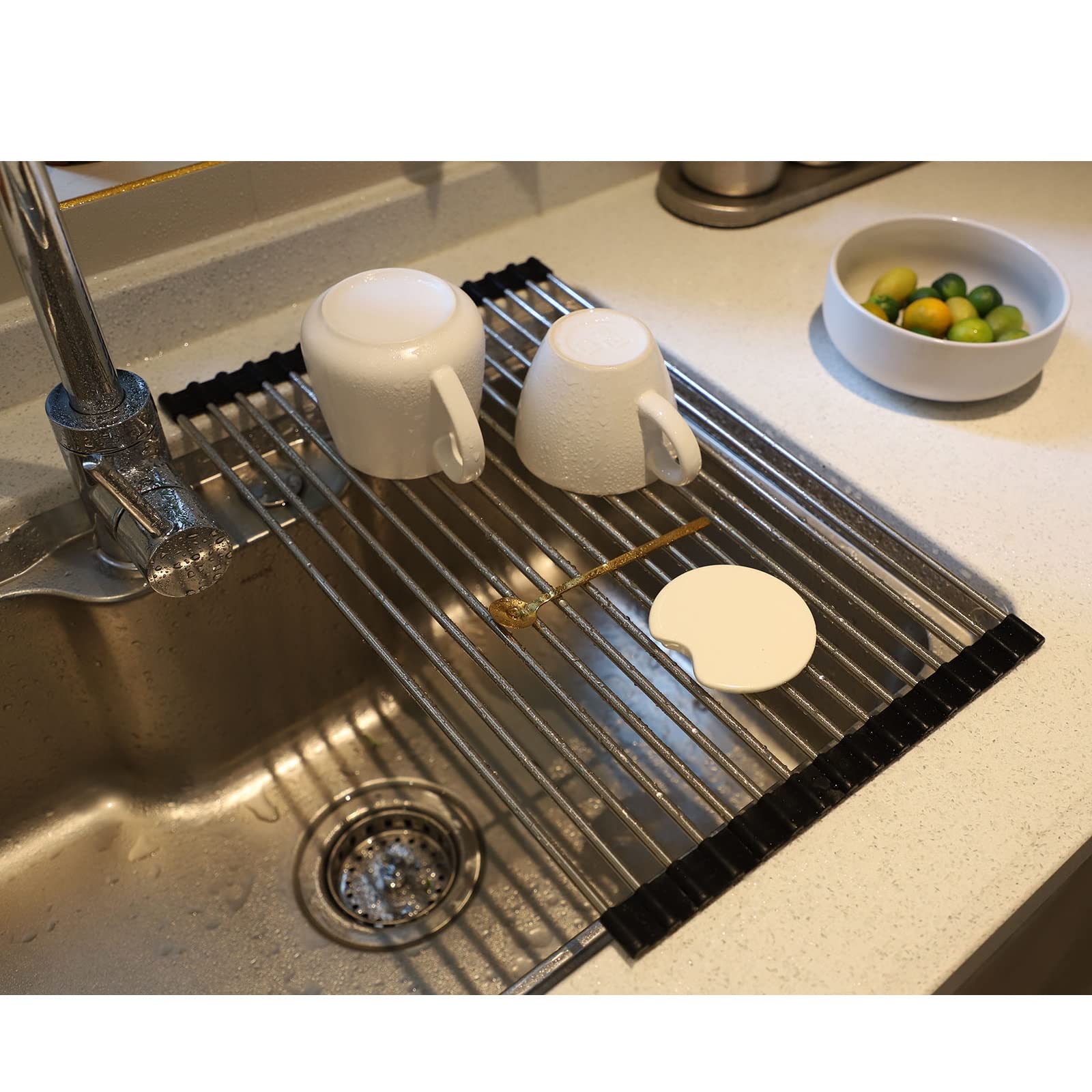 Portable Stainless Steel Roll Up Dish Drying Rack - Over The Sink Space Saving Kitchen Organizer (17.7