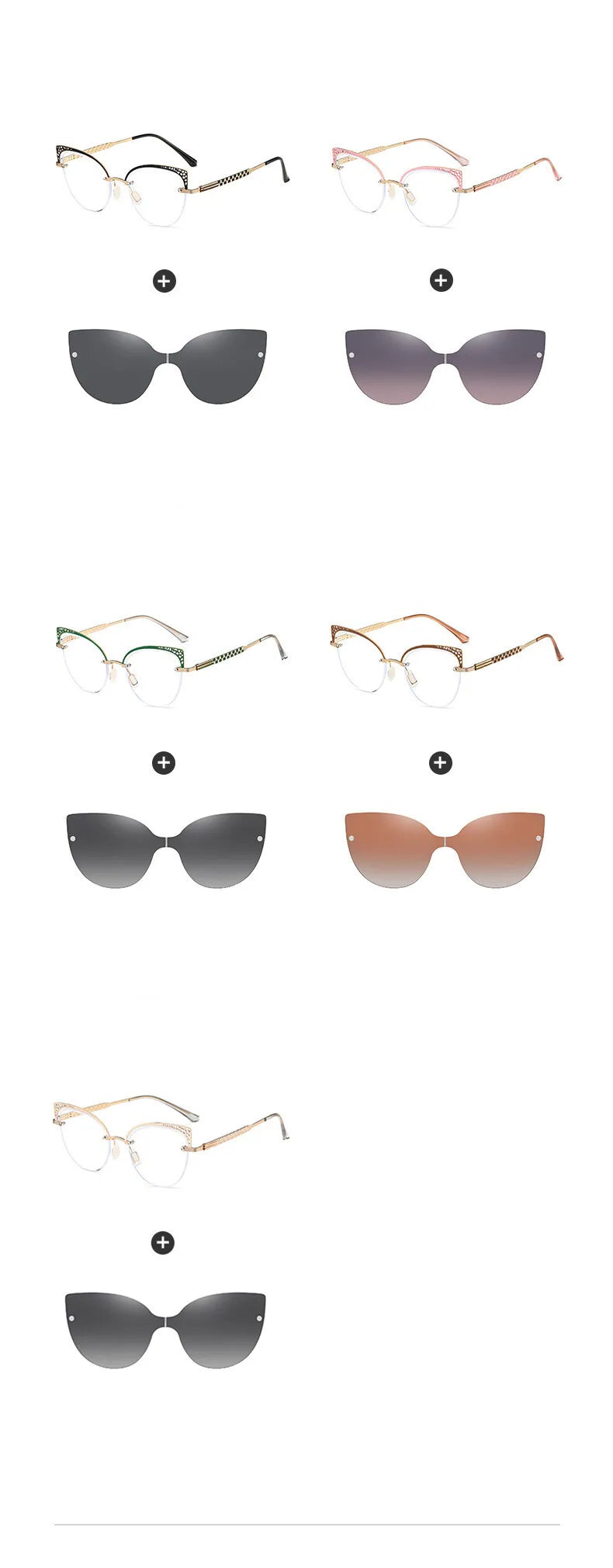 CCSpace Women's Full Rim Oval Cat Eye Alloy Eyeglasses with Clip-On Sunglasses - Fashionable Retro Frame for Work, Driving & Outdoor Activities (Model 302035)