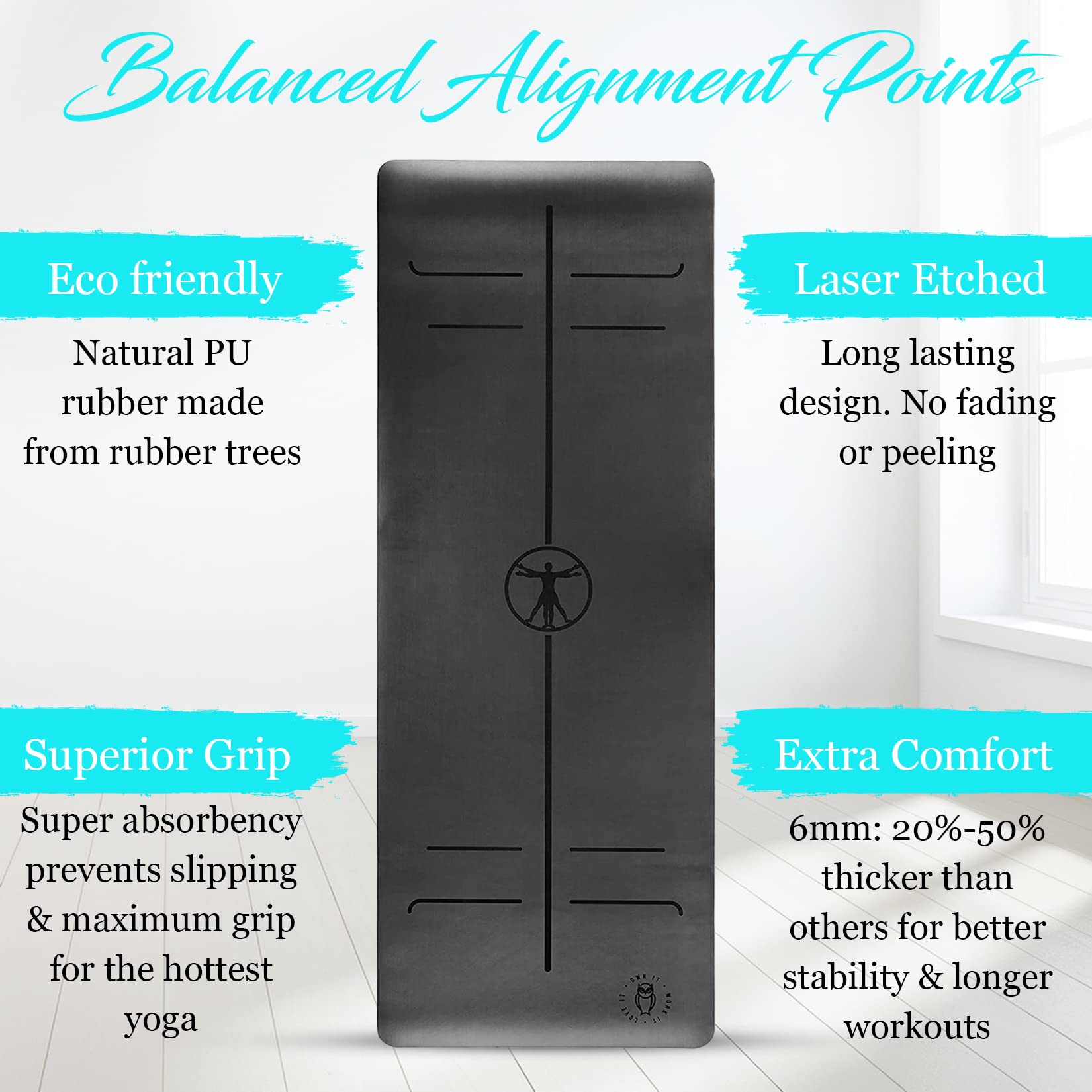 Extra Thick 6mm Eco-Friendly Natural Rubber Yoga Mat for Fitness, Pilates & Meditation - Non-Slip Grip, Enhanced Cushioning for Stability & Comfort, Includes 2 Carry Straps for Home & Studio Use