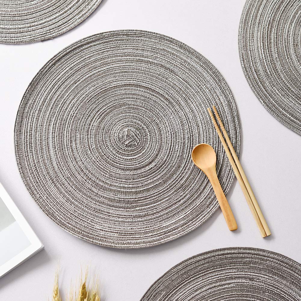 Round Woven Cotton Placemats Set of 4 - 14 Inch Dark Gray Heat Resistant Table Mats for Dining Room, Washable & Reusable - Perfect for Dinner Parties, Family Meals, and Holiday Gatherings