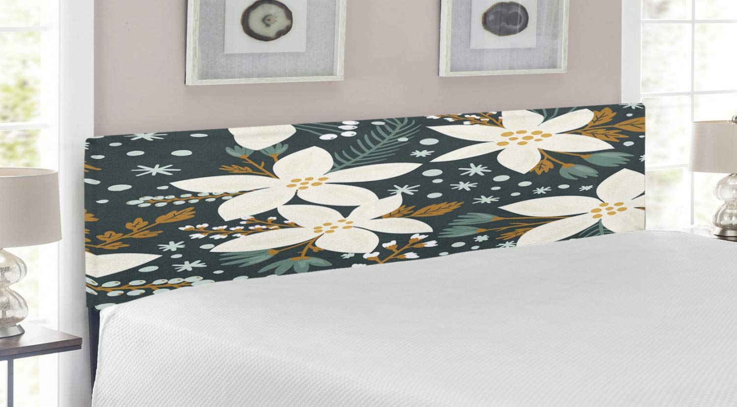 Ambesonne Floral King Size Headboard - Hand Drawn Poinsettia Flowers & Tropical Garden Blossoms Design, Upholstered Decorative Metal Bed Frame with Memory Foam Padding, White & Caramel (Perfect for Master Bedrooms, Guest Rooms & Coastal-Themed Home Decor)
