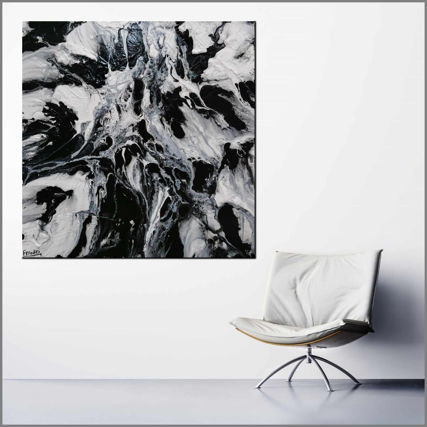120cm x 120cm Black White Marbled Abstract Textured Canvas Wall Art - Modern Home Decor for Living Room, Bedroom & Office