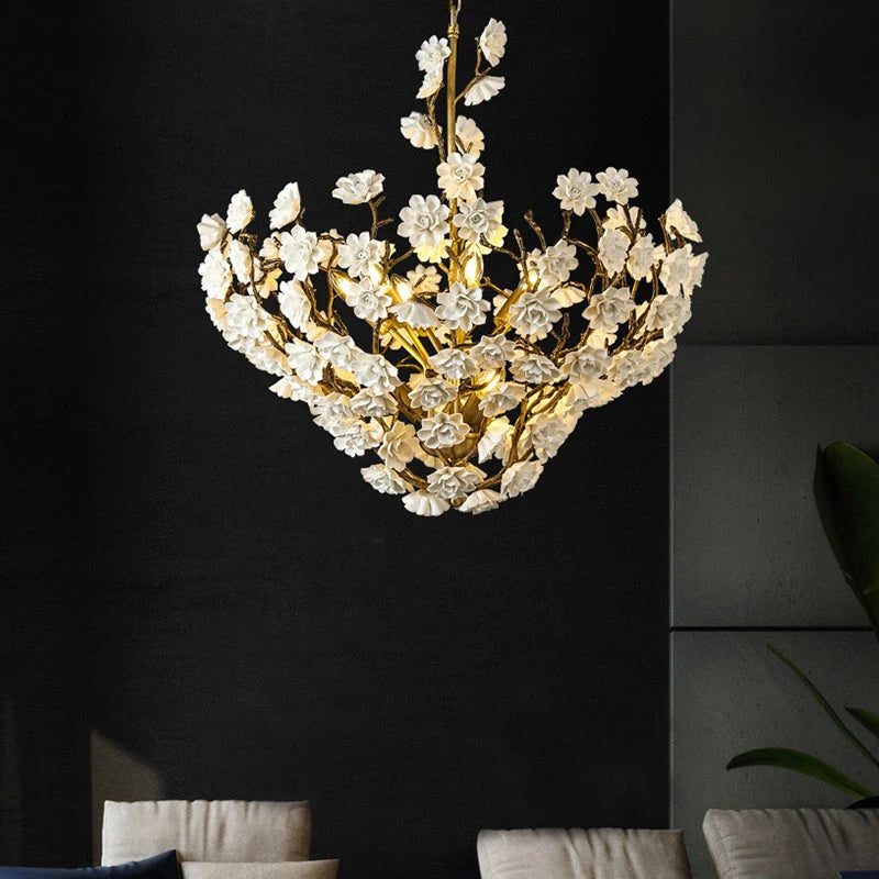 Brass and Ceramic Flower Art Chandelier - Modern Luxury Lighting Fixture for Living Room & Dining Room | Perfect for Home Decor, Wedding Venues, and Luxury Hotels