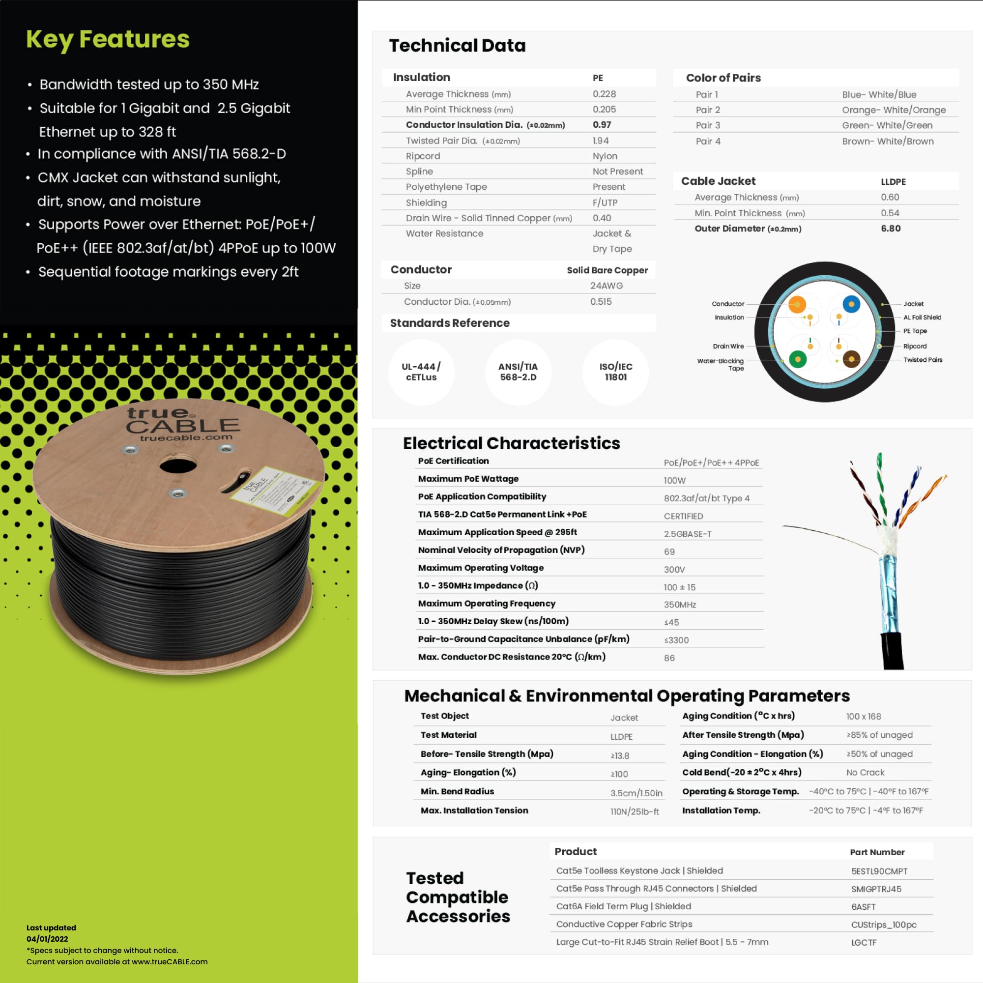 trueCABLE Cat5e Outdoor Shielded (F/UTP) Ethernet Cable - 500ft Black 24AWG Solid Bare Copper, Waterproof Direct Burial Rated CMX, 350MHz, PoE++ (4PPoE) - Perfect for Outdoor Security Cameras, Garden Lighting & Industrial Network Installations
