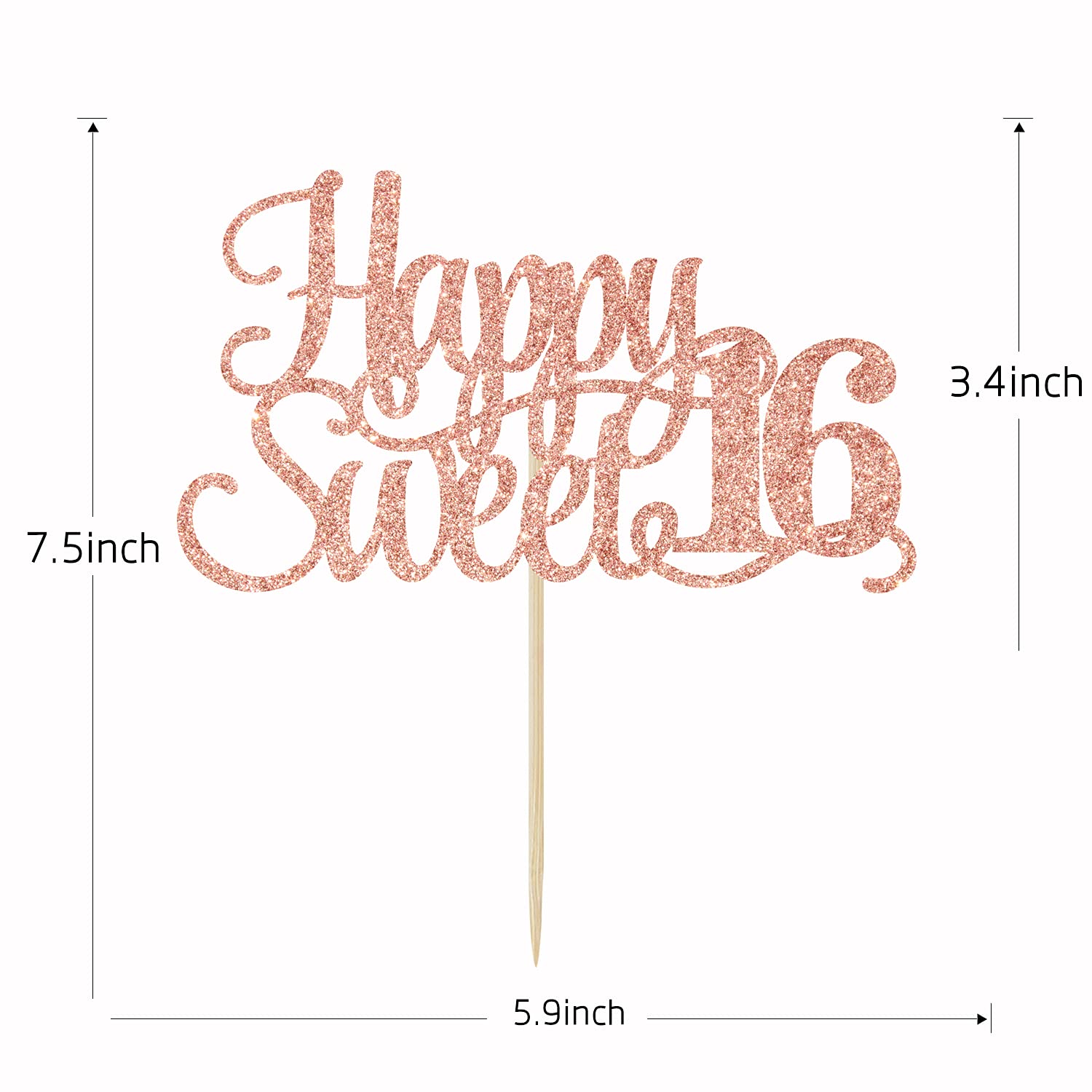 Rose Gold Glitter Happy Sweet 16 Cake Topper - 16th Birthday Cake Decorations - Hello 16 Party Supplies for Sweet Sixteen Celebrations, Birthday Parties & Milestone Events