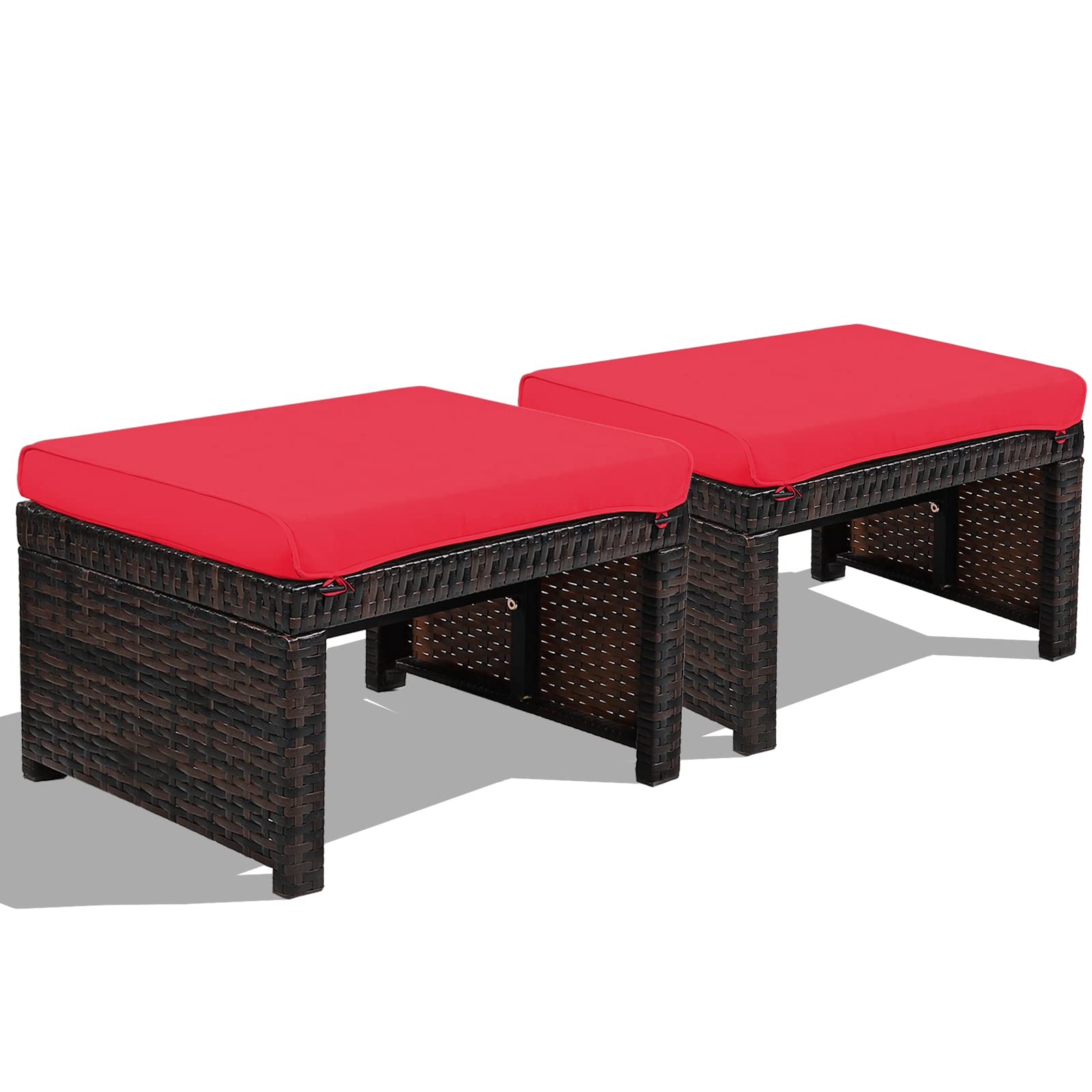 HAPPYGRILL 2-Piece Outdoor Wicker Ottomans with Cushions - Patio Rattan Footstool, Solid Steel Frame - Multifunctional Ottoman Set for Poolside, Backyard, Balcony & Garden Relaxation