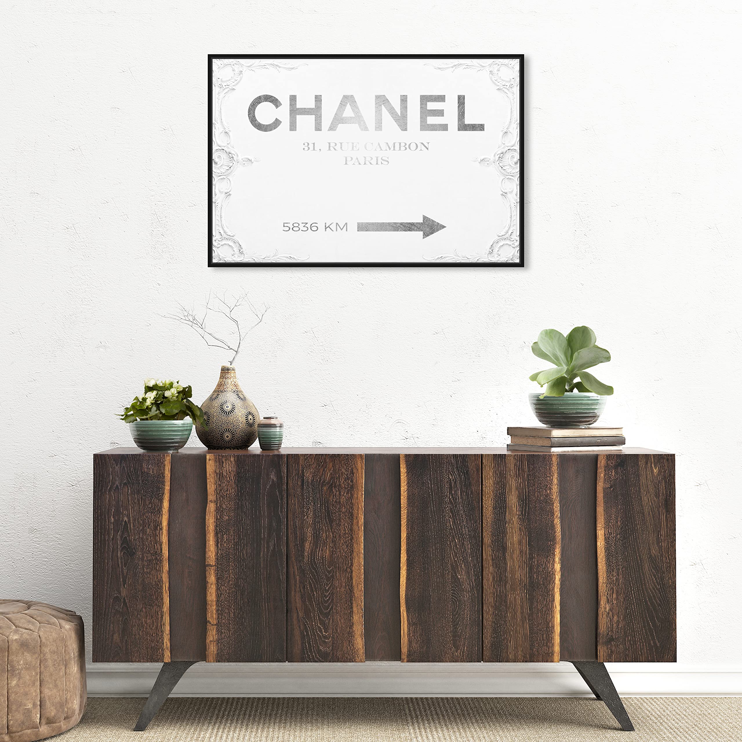 Oliver Gal Artist Co. Contemporary 20x30 Inch Couture Road Sign Rococo Framed Canvas Wall Art - White | Perfect for Bedroom, Living Room & Office Decor