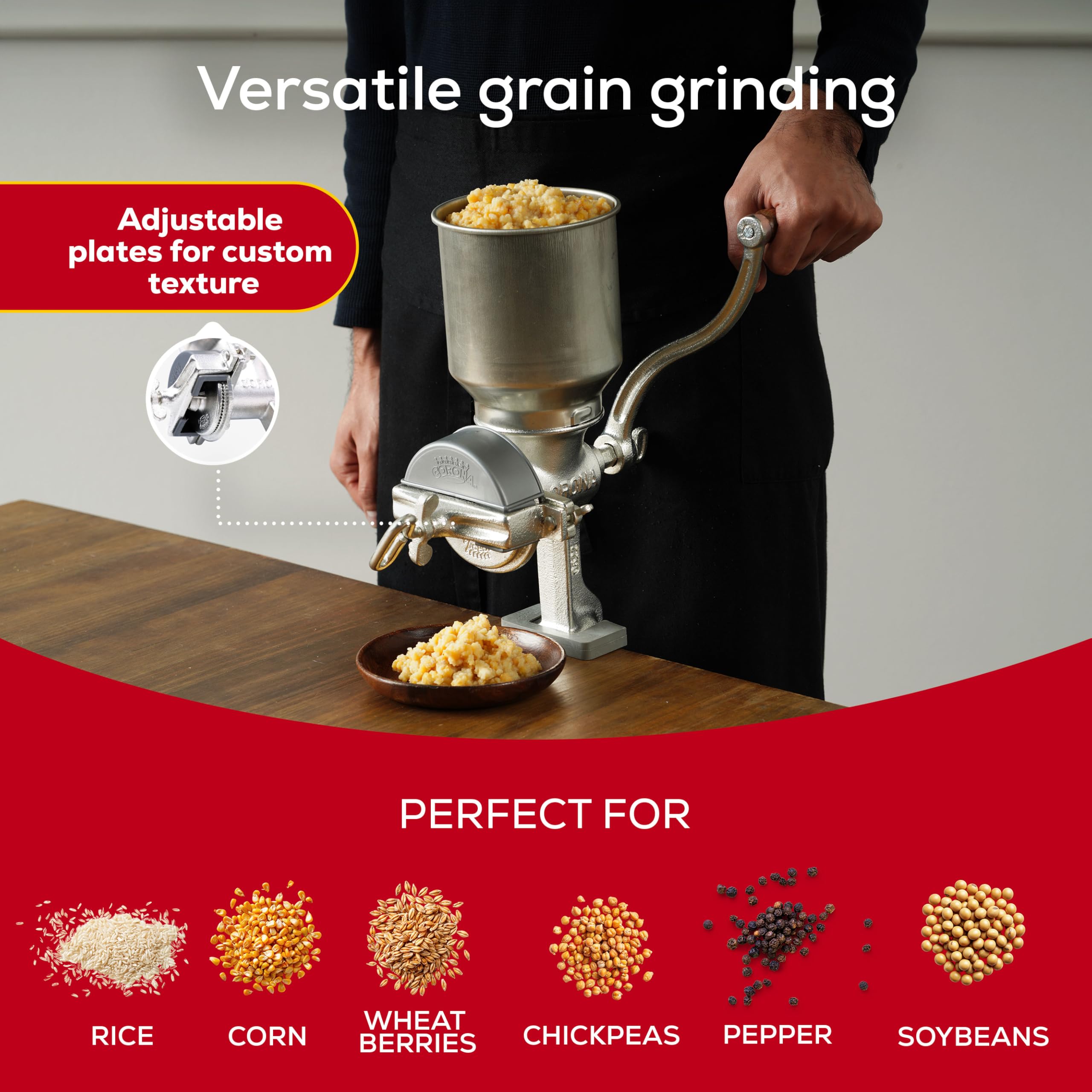 Premium Cast Iron Manual Corn Grinder - High Hopper Grain Mill for Corn, Rice, Soybeans, Pepper & Chickpeas | Hand Crank Wheat Grinder for Home Use | Perfect for Baking, Camping & Emergency Food Prep